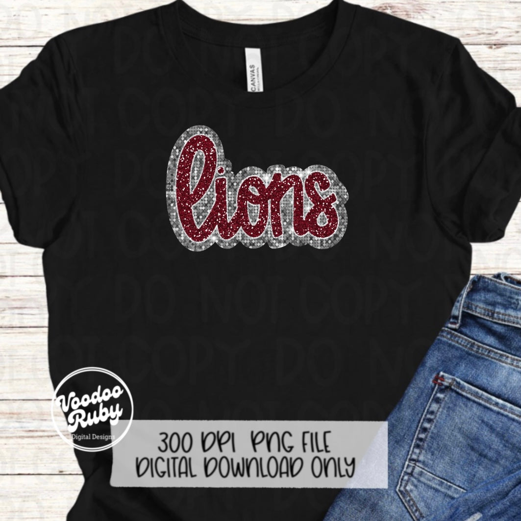 Lions PNG Design Sequins Sublimation Glitter Hand Drawn Digital Download Faux Sequins Patch PNG Printable Maroon Silver Lions Football DTF