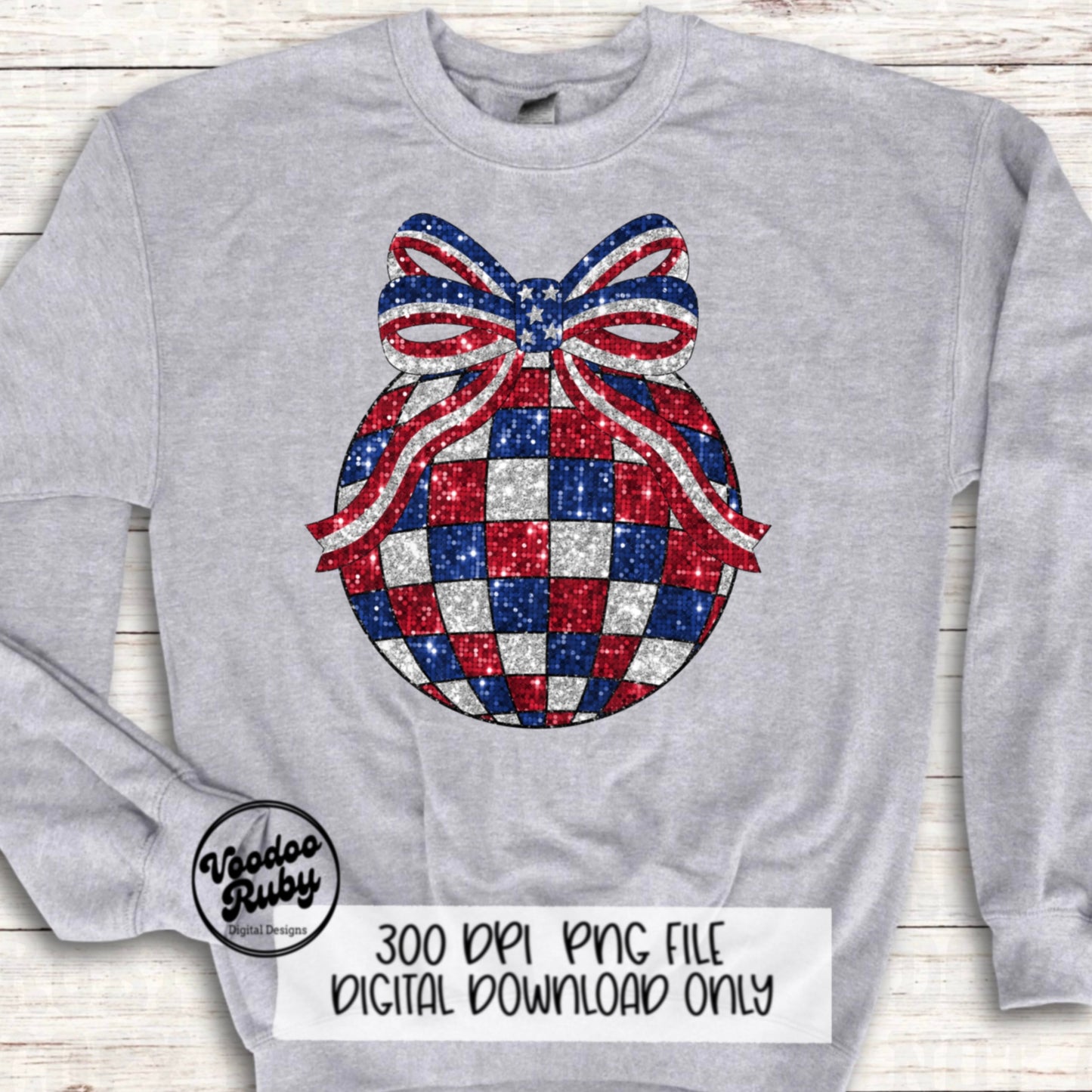 4th of July Coquette Bow Disco Ball PNG Sublimation Design Hand Drawn Digital Download Sequin Glitter Patriotic PNG Summer American dtf