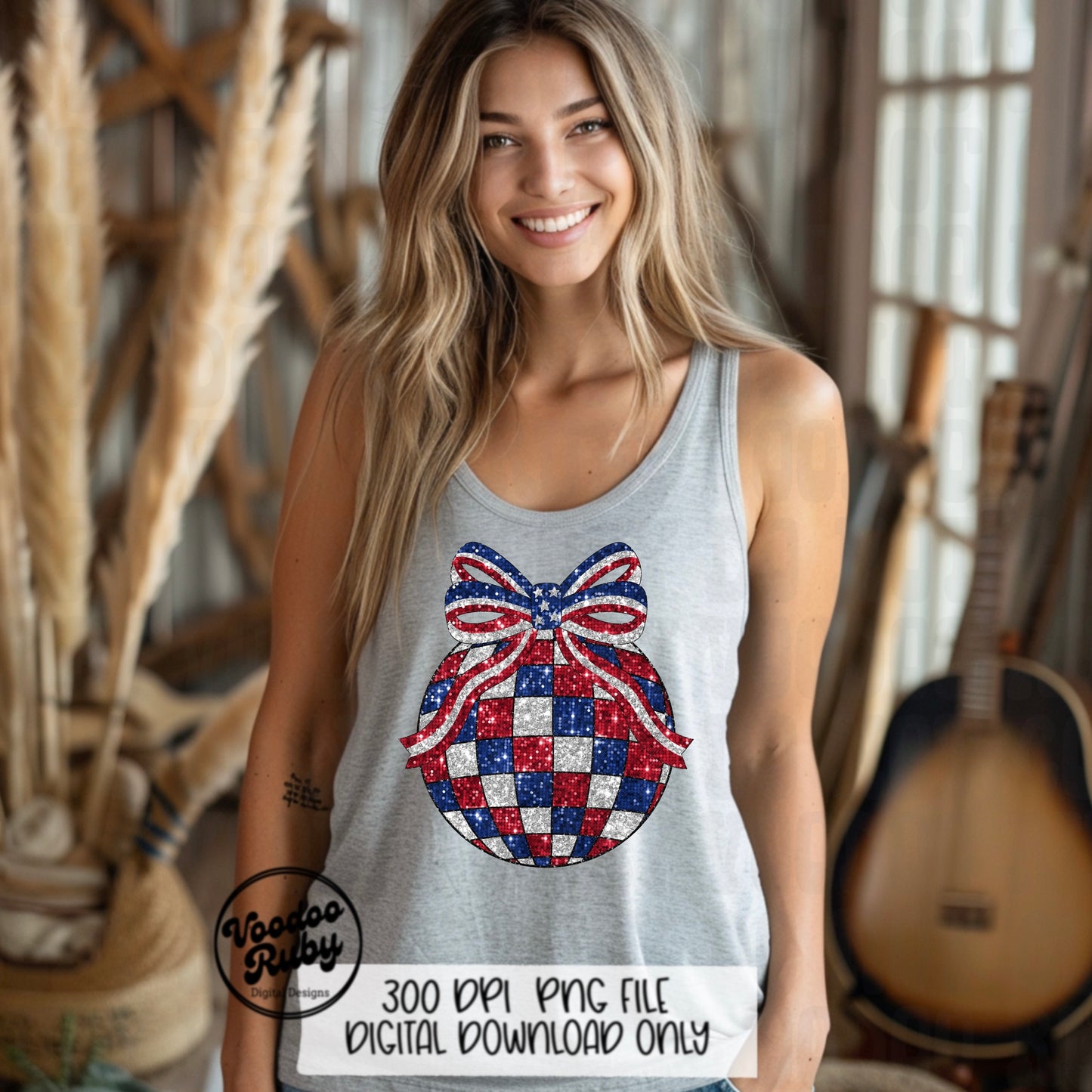 4th of July Coquette Bow Disco Ball PNG Sublimation Design Hand Drawn Digital Download Sequin Glitter Patriotic PNG Summer American dtf