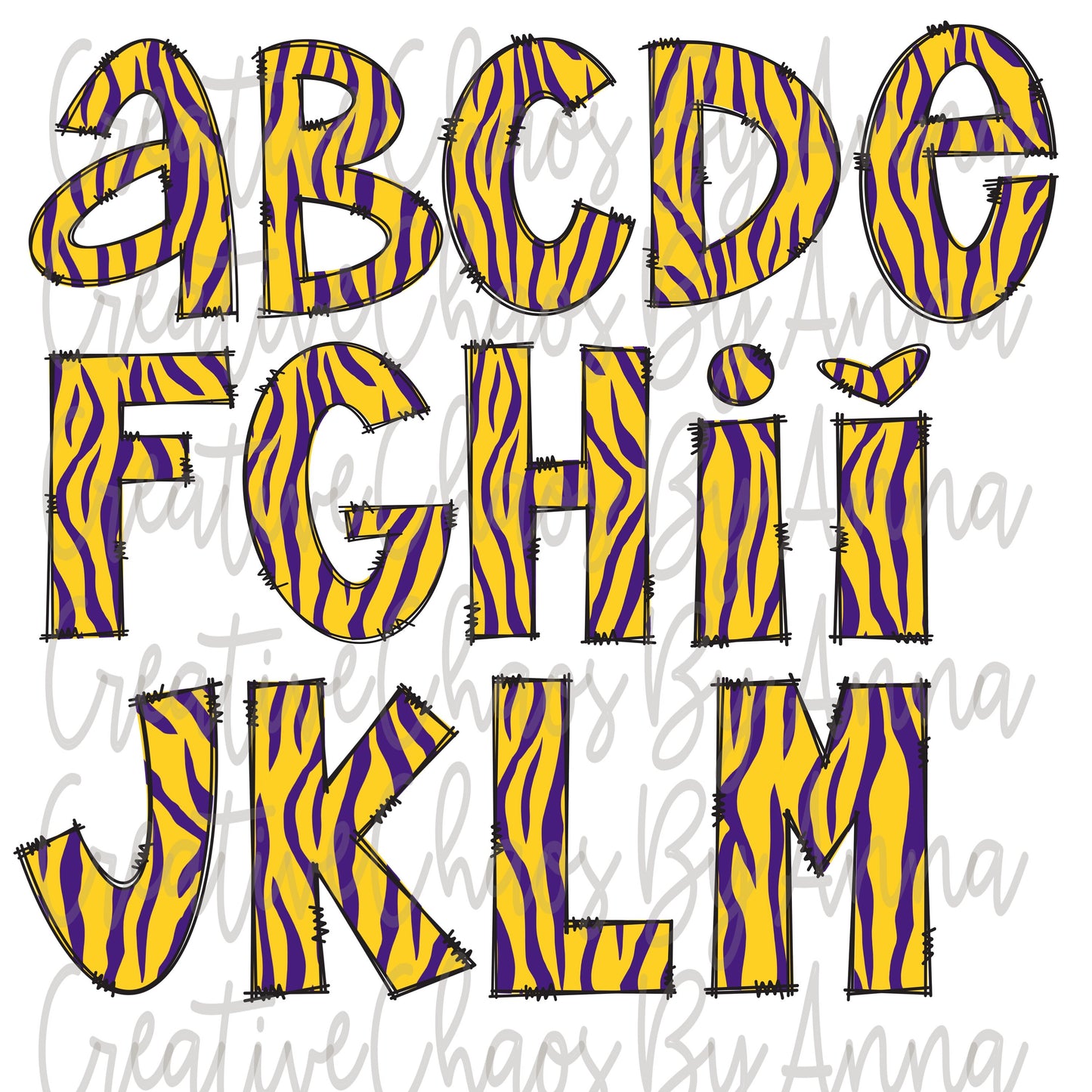 Tigers Doodle Letters PNG Alphabet Bundle png Purple Gold Tigers Alphabet Hand Drawn Alpha Pack Digital Download Sublimation Alphabet DTF