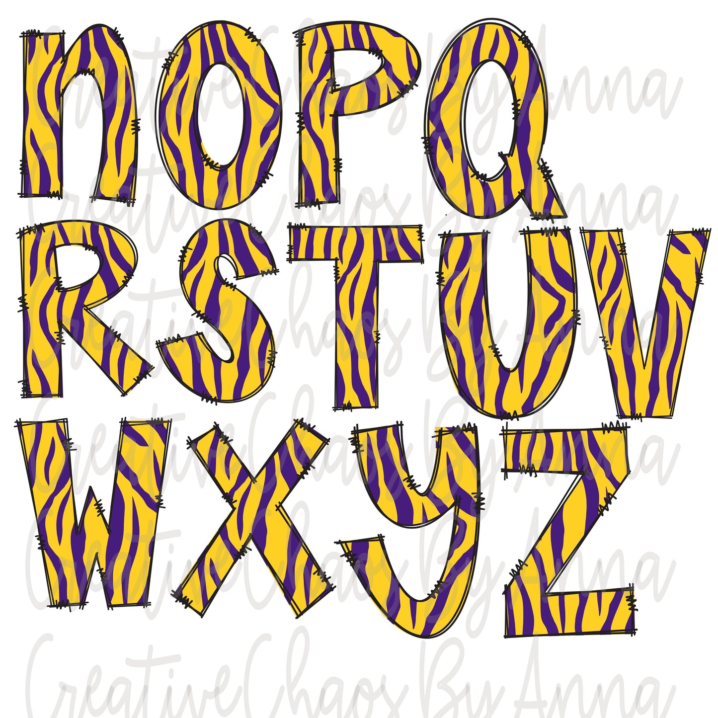 Tigers Doodle Letters PNG Alphabet Bundle png Purple Gold Tigers Alphabet Hand Drawn Alpha Pack Digital Download Sublimation Alphabet DTF