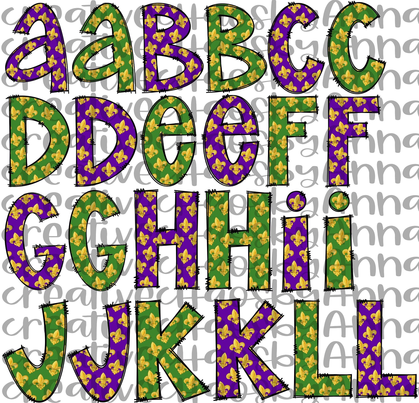 Mardi Gras Doodle Alphabet PNG: Louisiana Cajun Clip Art (Digital Download
