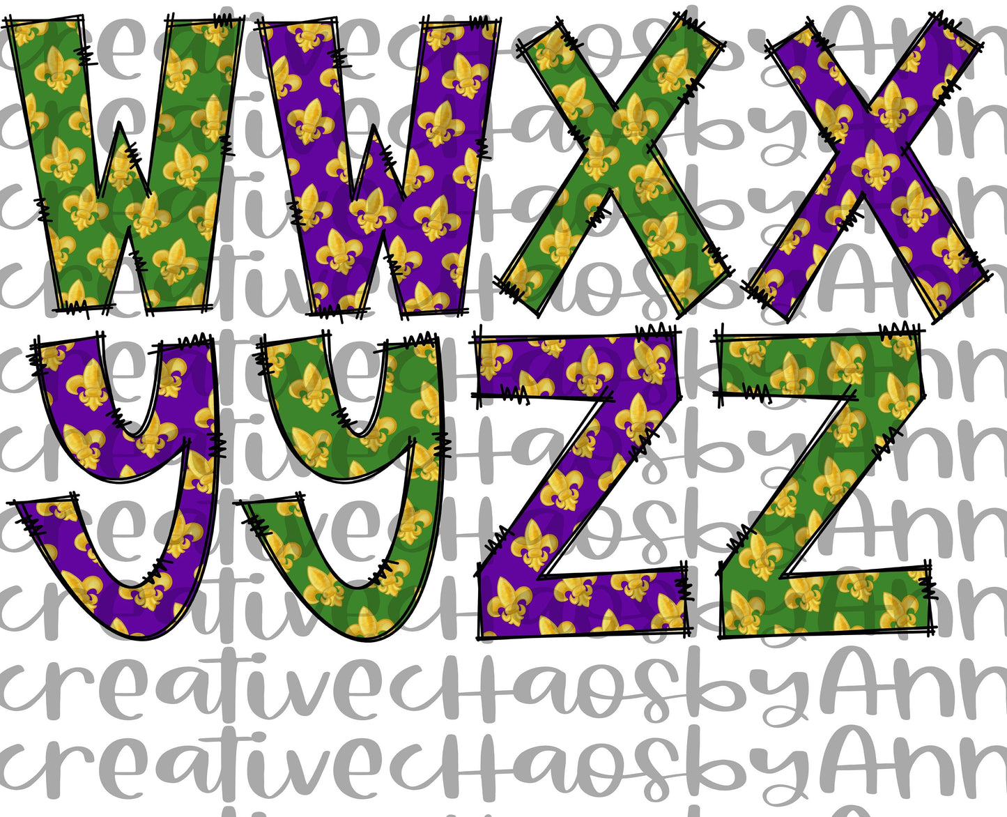 Mardi Gras Doodle Alphabet PNG: Louisiana Cajun Clip Art (Digital Download
