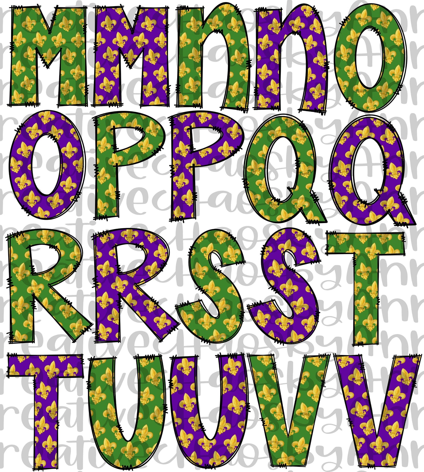 Mardi Gras Doodle Alphabet PNG: Louisiana Cajun Clip Art (Digital Download