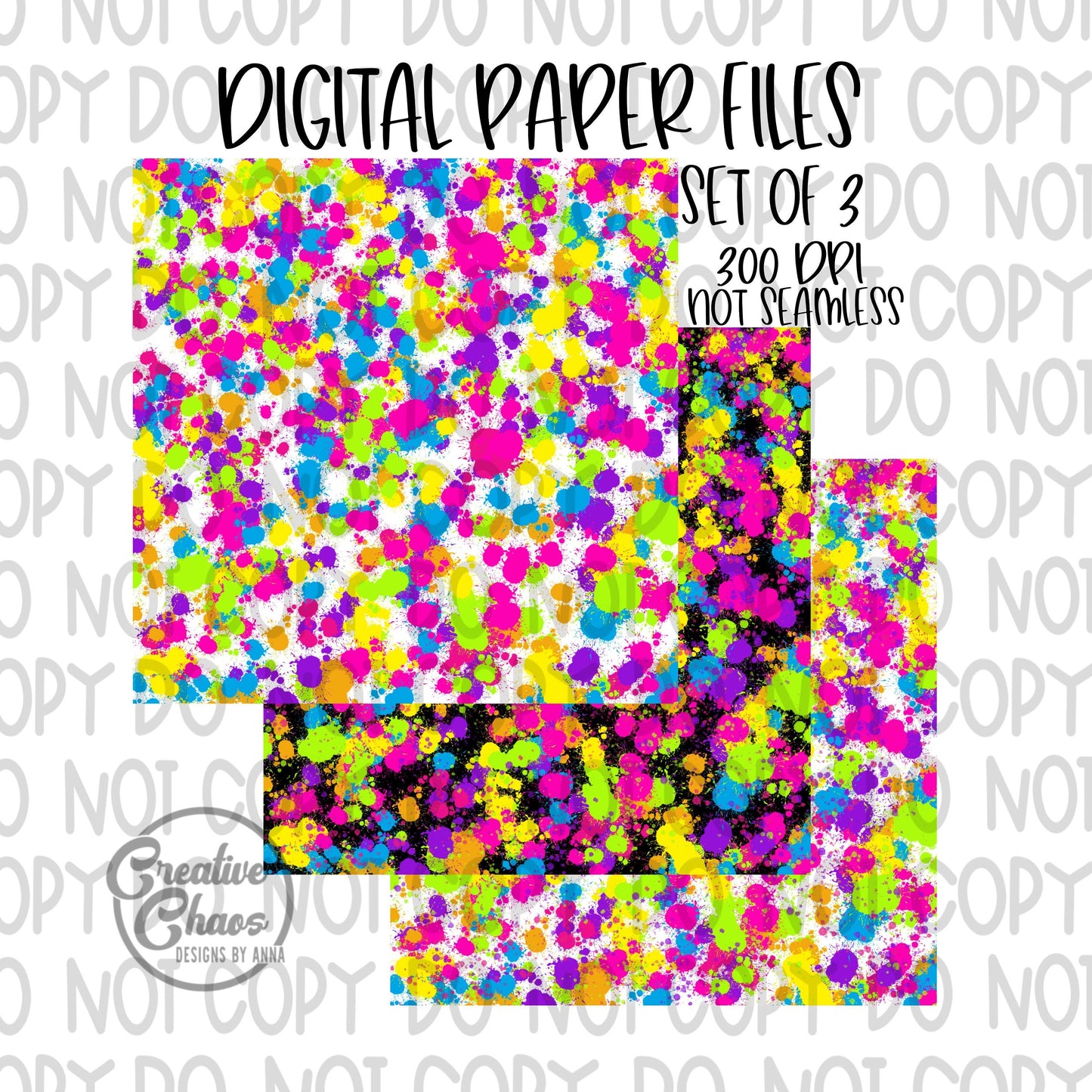 Neon Paint Splatter PNG: Hand Drawn Digital Paper (Digital Download)