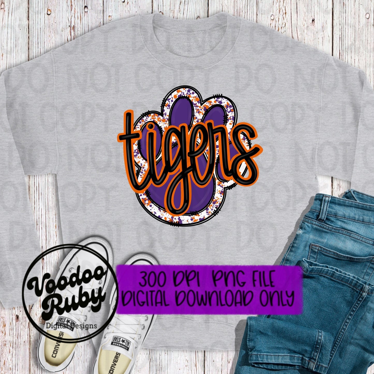 Tigers PNG Design Sublimation Purple Orange Hand Drawn Digital Download Football PNG Paw Print Tigers Football DTF Printable