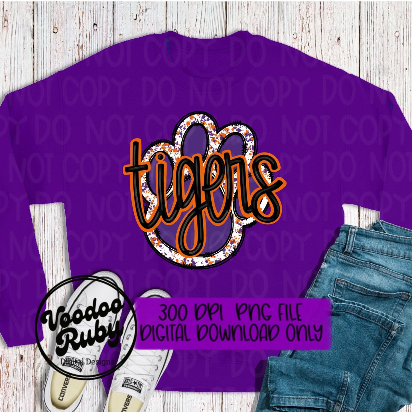 Tigers PNG Design Sublimation Purple Orange Hand Drawn Digital Download Football PNG Paw Print Tigers Football DTF Printable