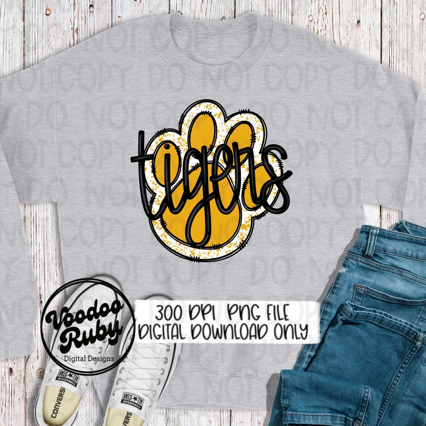 Tigers PNG Design Hand Drawn Digital Download Mascot Sublimation Yellow Gold Paw Print PNG Football DTF Printable Clip Art
