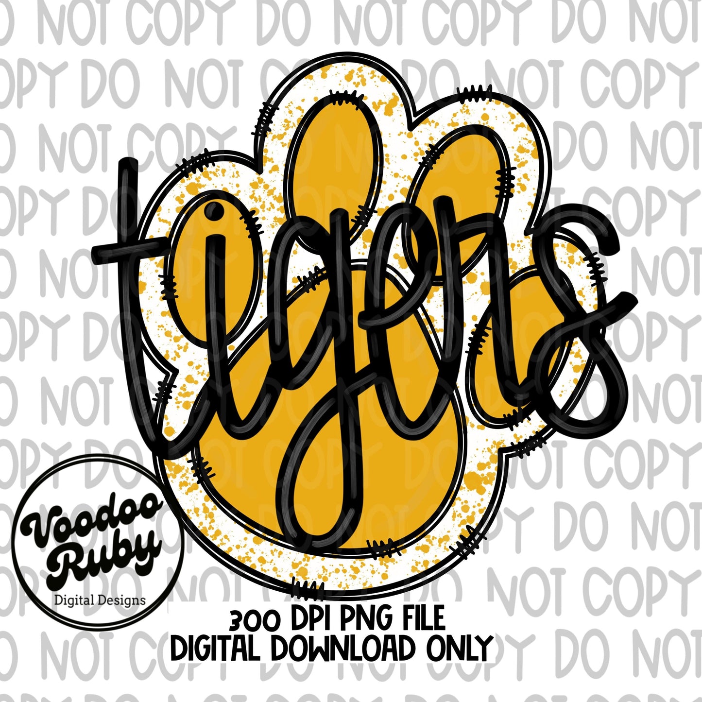 Tigers PNG Design Hand Drawn Digital Download Mascot Sublimation Yellow Gold Paw Print PNG Football DTF Printable Clip Art