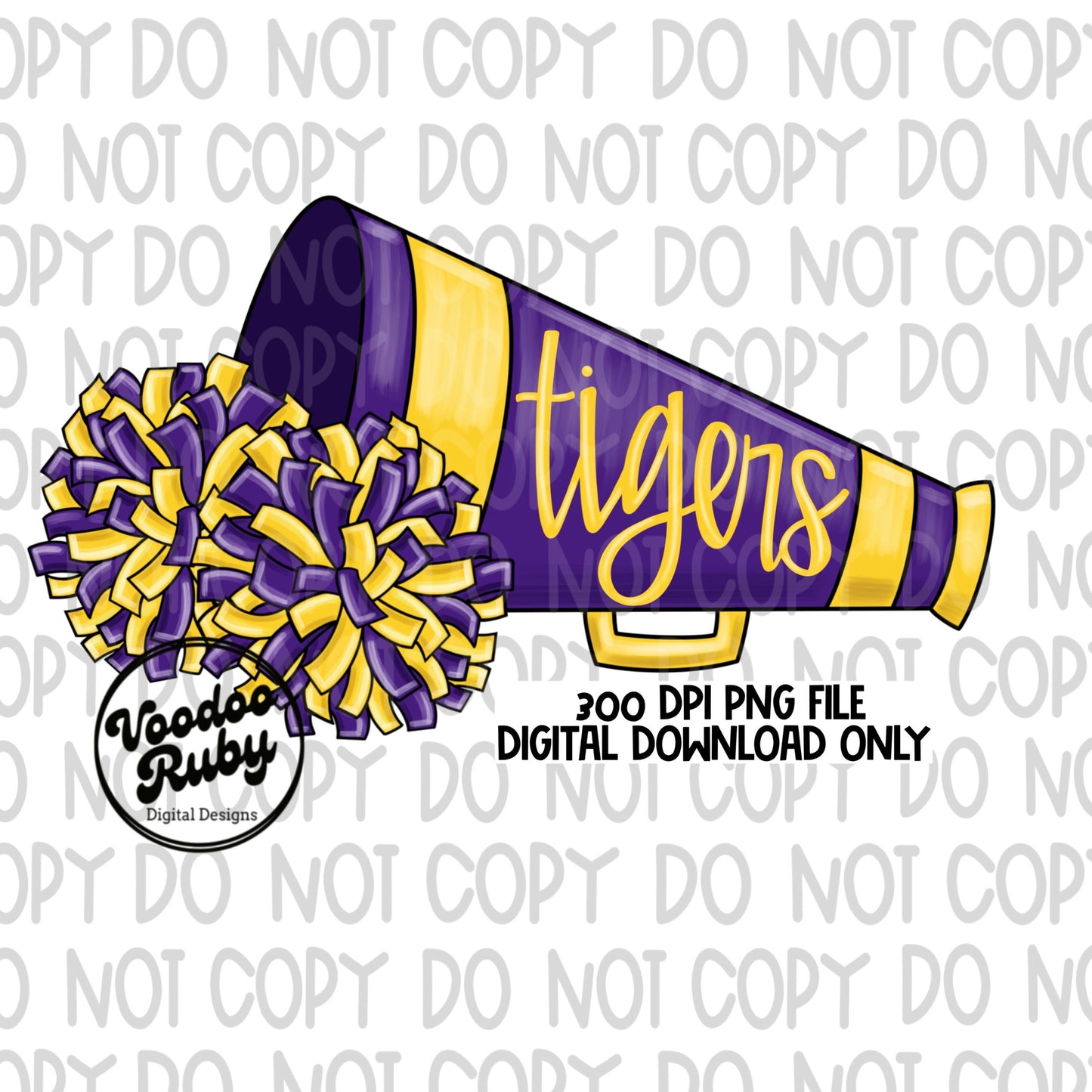 Tigers Cheer PNG Design Hand Drawn Digital Download Football PNG Sublimation Tigers Cheerleader png Clip Art Megaphone DTF Printable