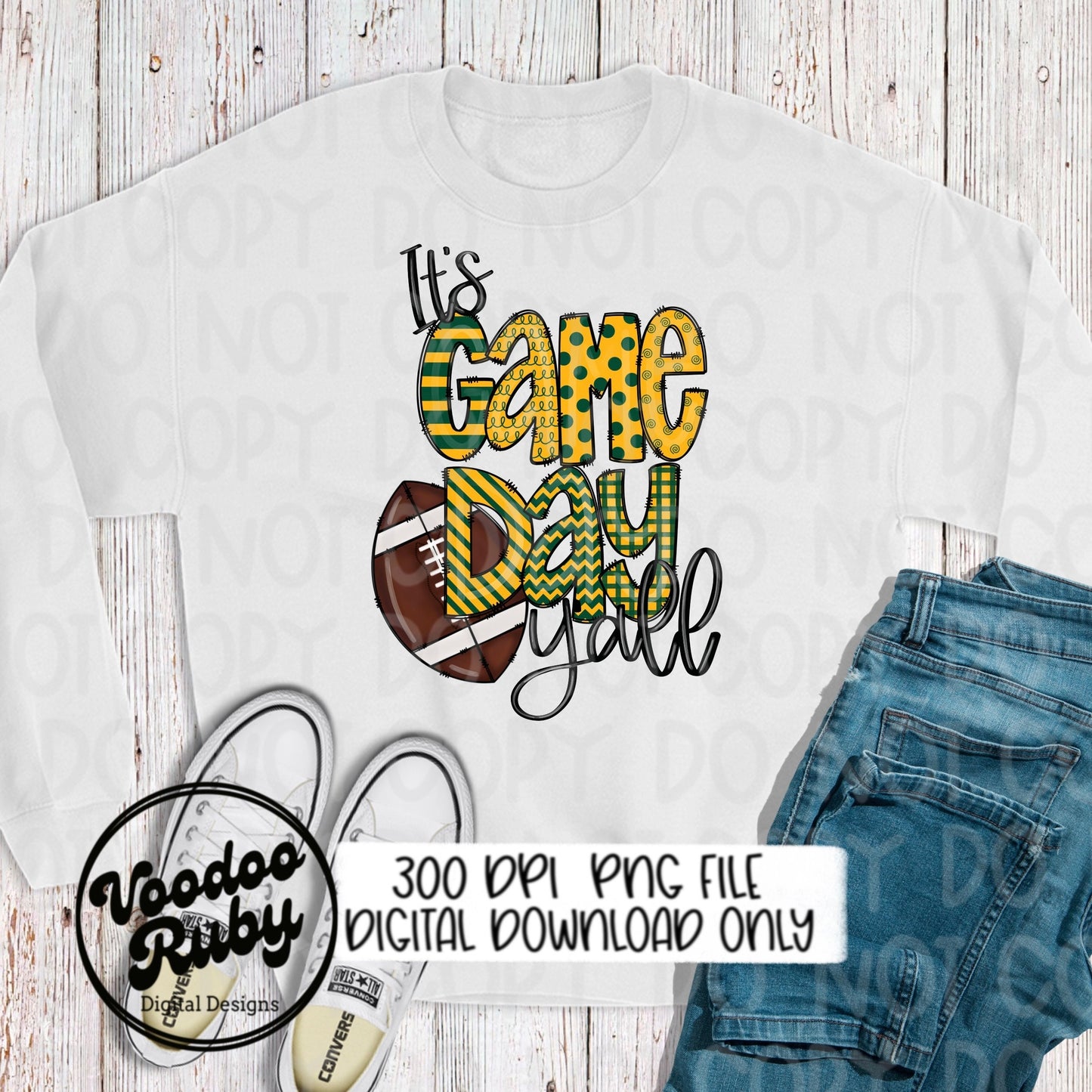 Game Day PNG Design Green Gold Hand Drawn Digital Download Sublimation Football PNG DTF Printable