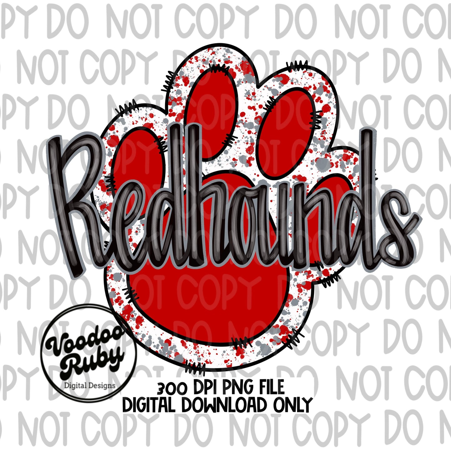 Redhounds Paw Print PNG Sublimation Design Hand Drawn Digital Download Football PNG Red and Gray Paw Redhounds Mascot DTF Printable