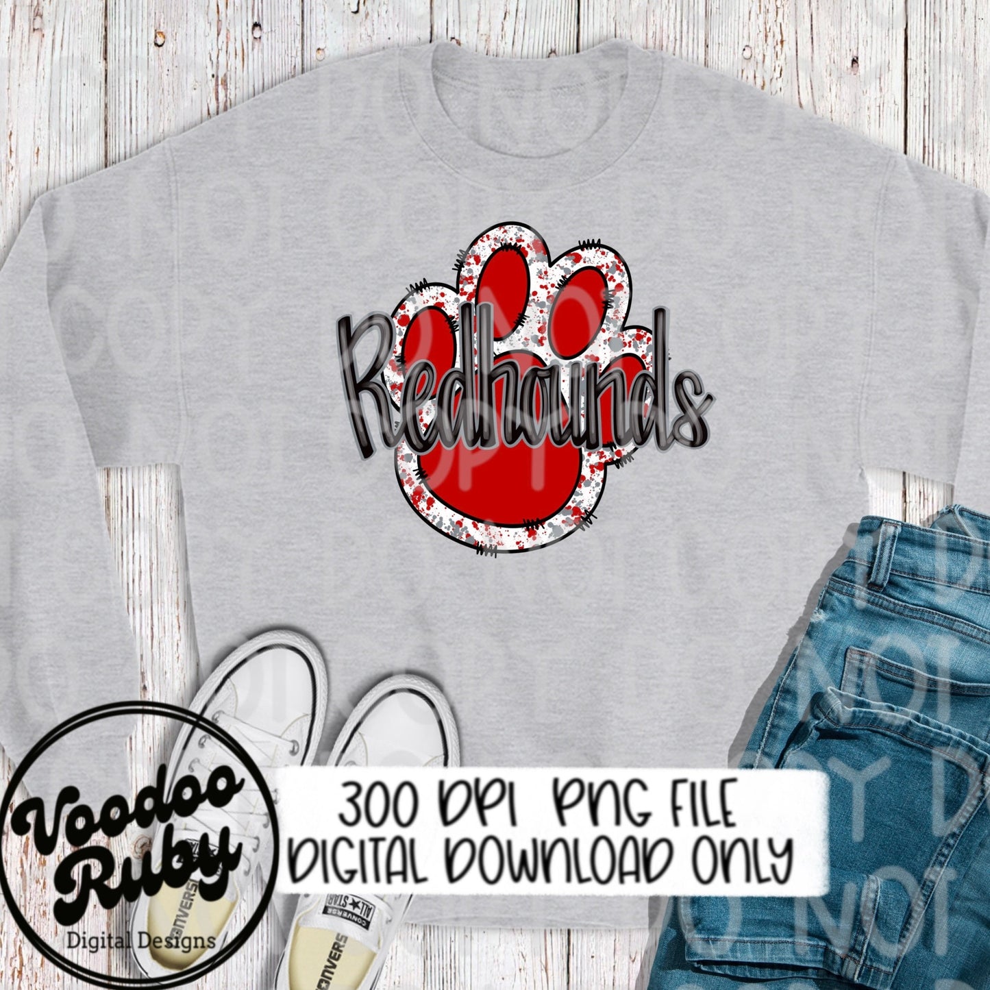 Redhounds Paw Print PNG Sublimation Design Hand Drawn Digital Download Football PNG Red and Gray Paw Redhounds Mascot DTF Printable