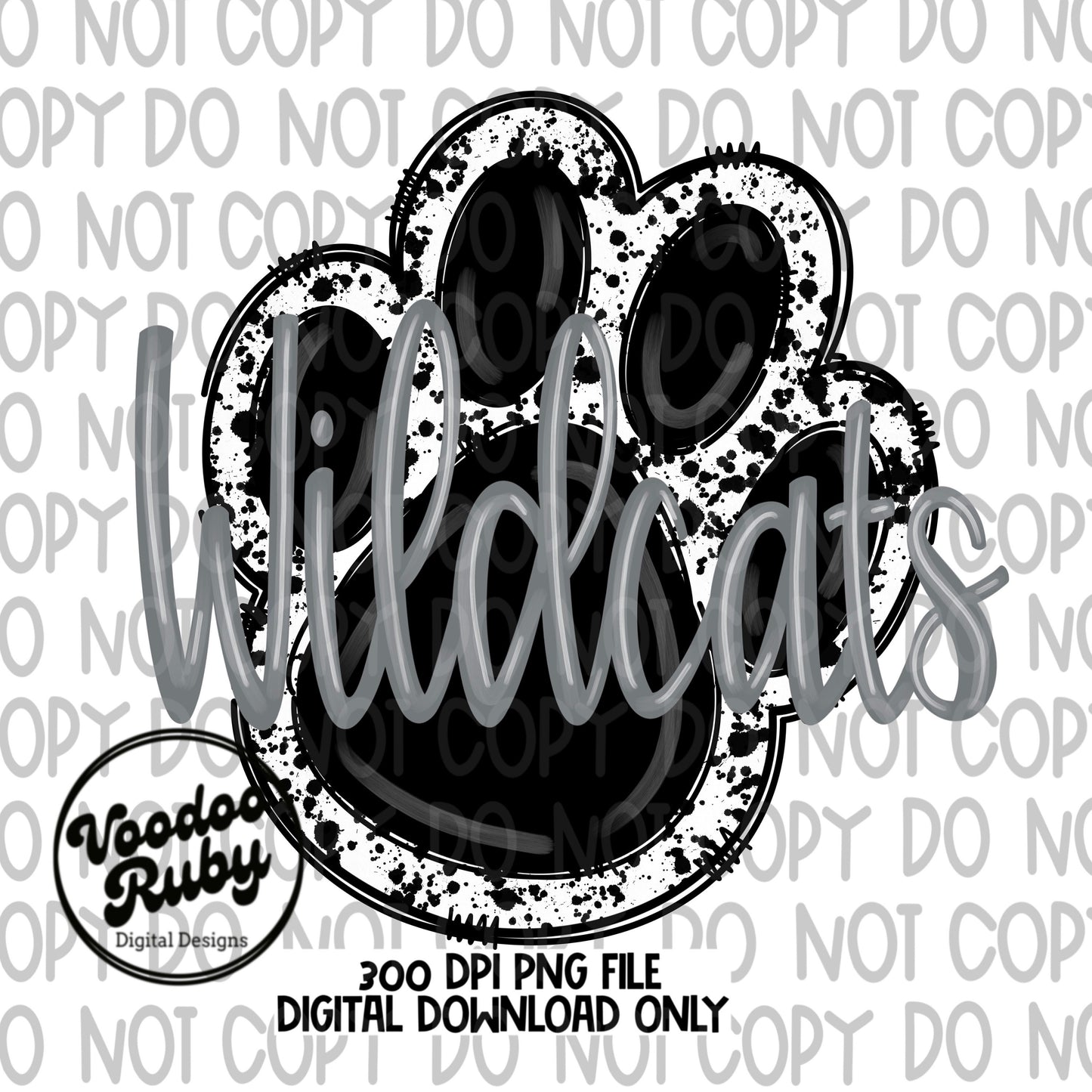 Wildcats PNG Design Hand Drawn Digital Download Sublimation Football PNG Black Silver Wildcats Paw DTF Printable