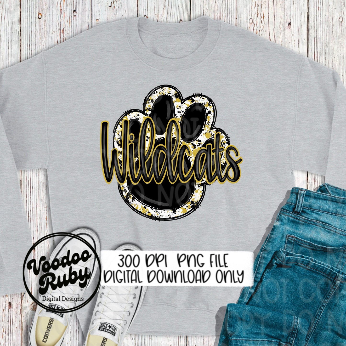 Wildcats PNG Design Sublimation Hand Drawn Digital Download Football Gold Wildcats Paw Print PNG DTF Printable Mascot Clip Art