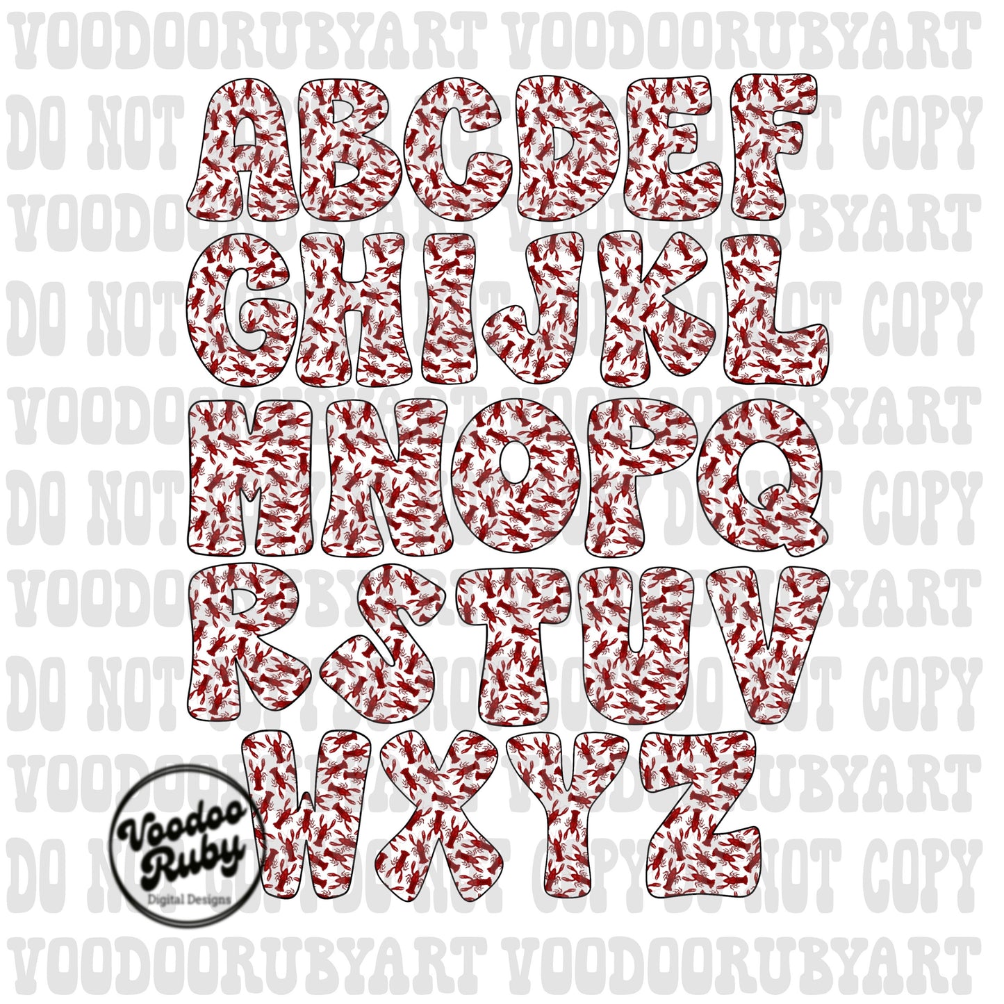 Crawfish Doodle Alphabet PNG: Cajun Letters, Louisiana Sublimation (Digital Download)