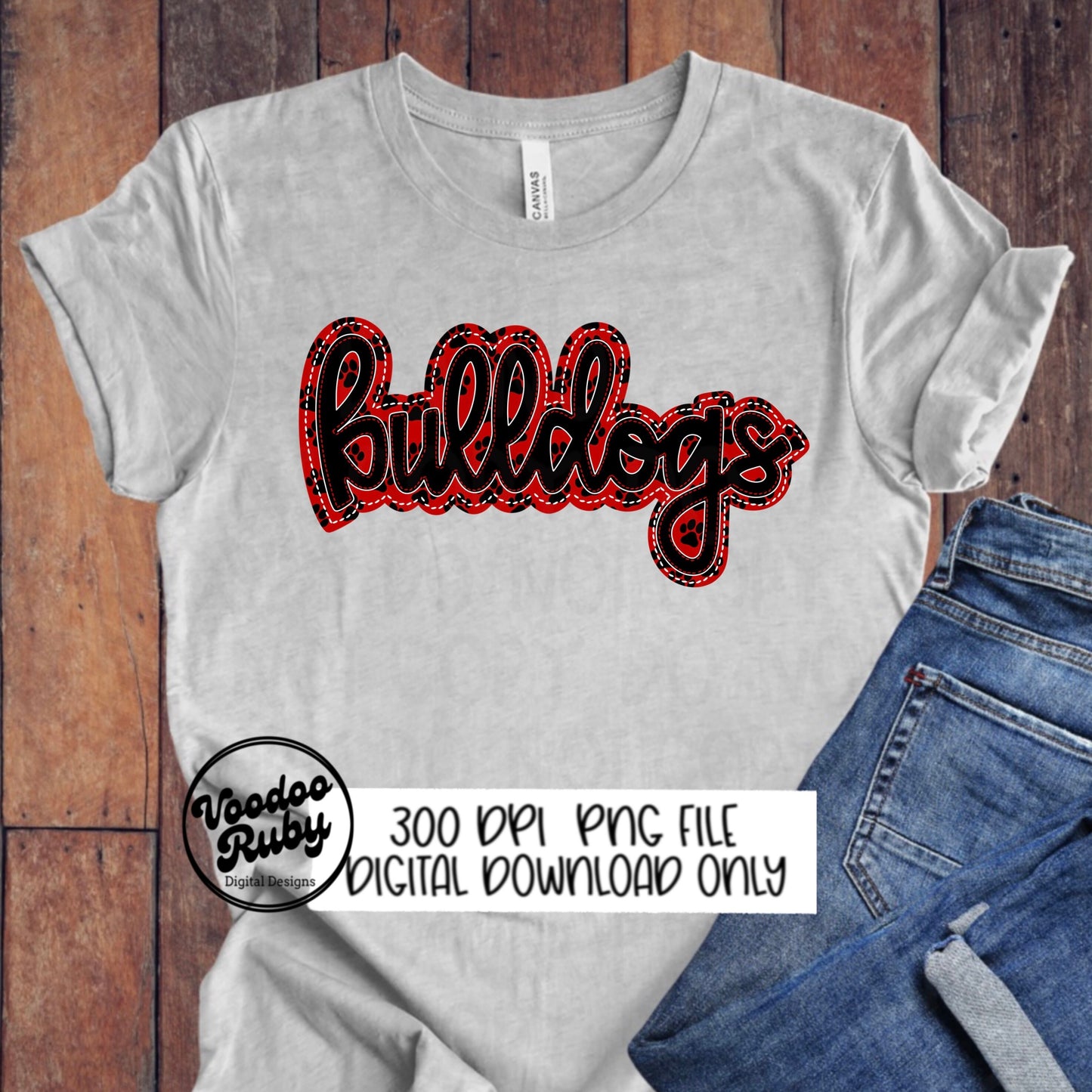 Bulldogs PNG Design Embroidery Faux Applique Hand Drawn Digital Download Sublimation Bulldogs DTF Printable Black and Red Bulldogs Football