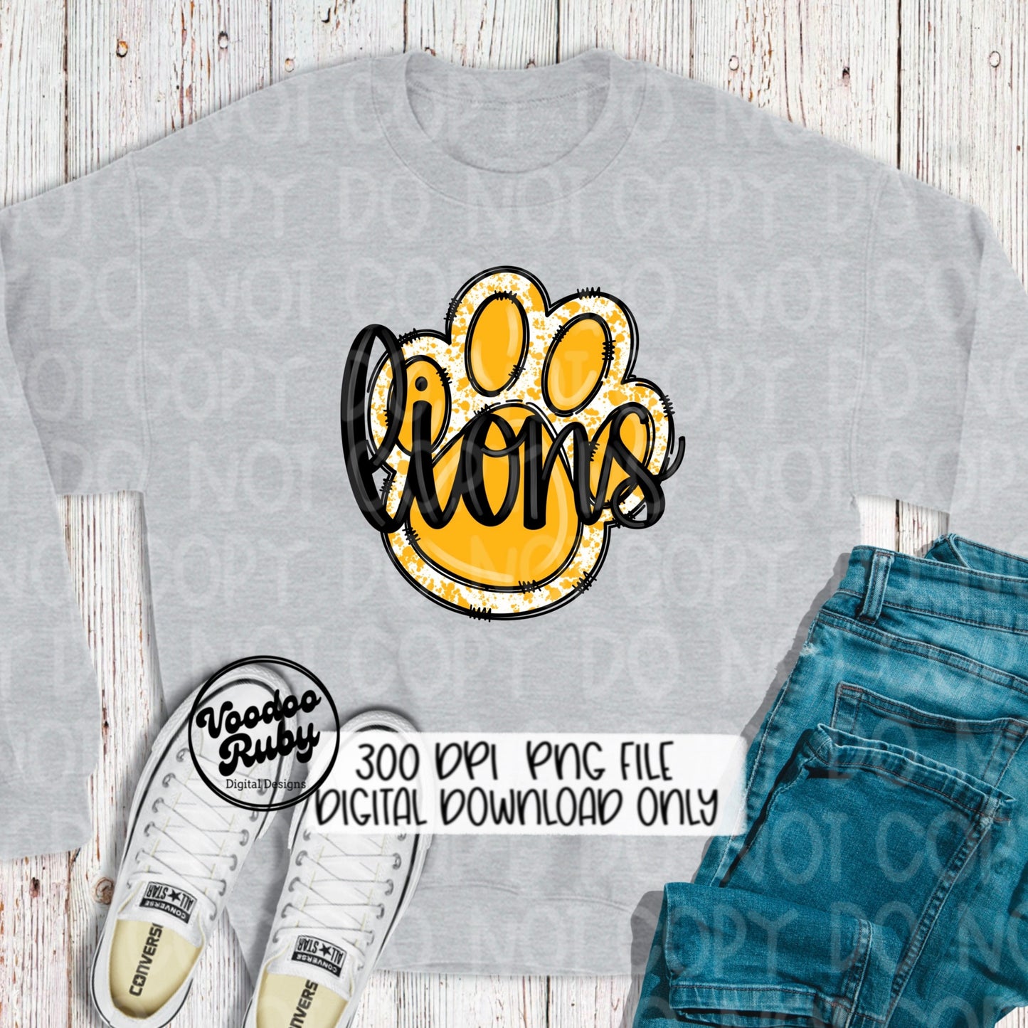 Lions Paw Print PNG Sublimation Design Hand Drawn Digital Download Football PNG Yellow Gold Lions Paw Mascot Printable Clip Art