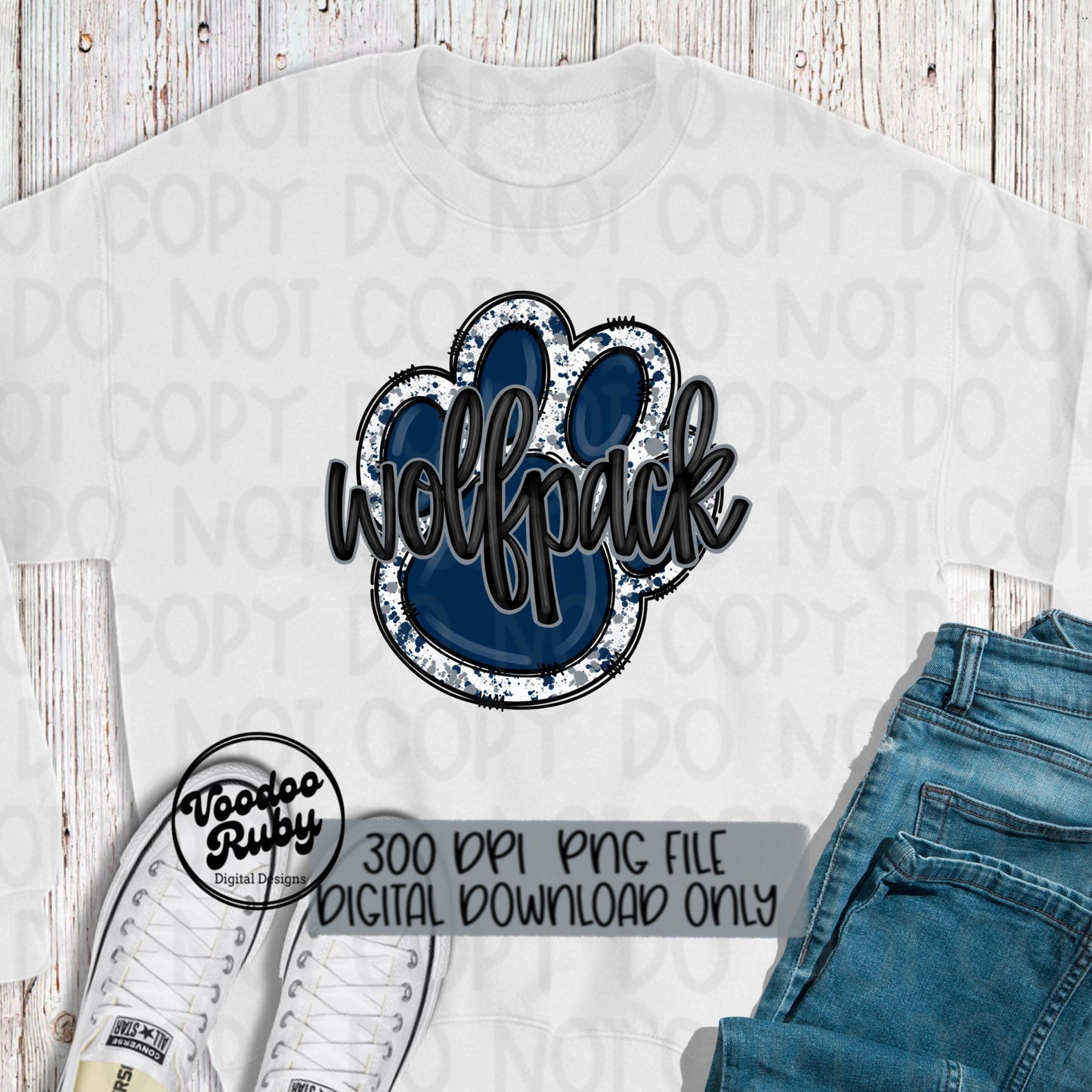 Wolfpack PNG Design Sublimation Hand Drawn Digital Download Football PNG Blue Wolfpack Silver Gray Paw Print Mascot DTF Printable Clip Art