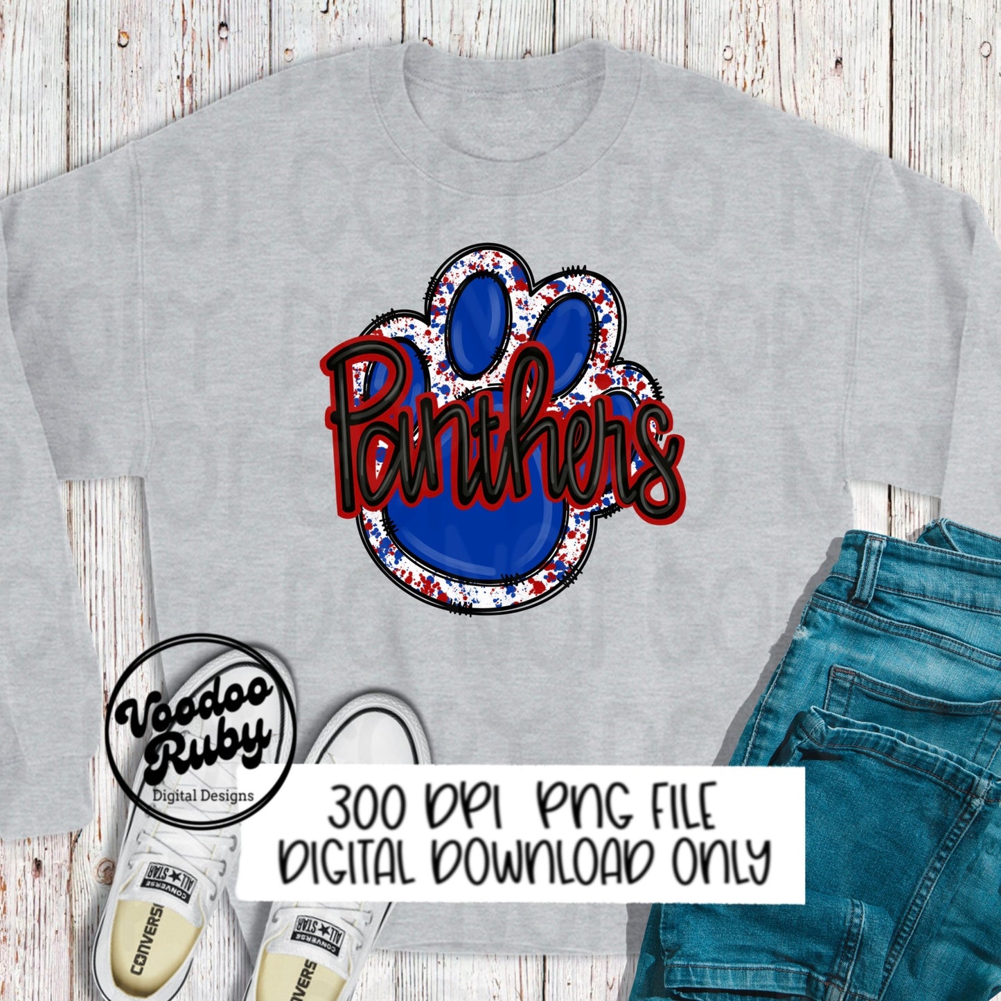 Panthers PNG Design Sublimation Hand Drawn Digital Download Football PNG Blue Red Paw Print DTF Printable Clip Art