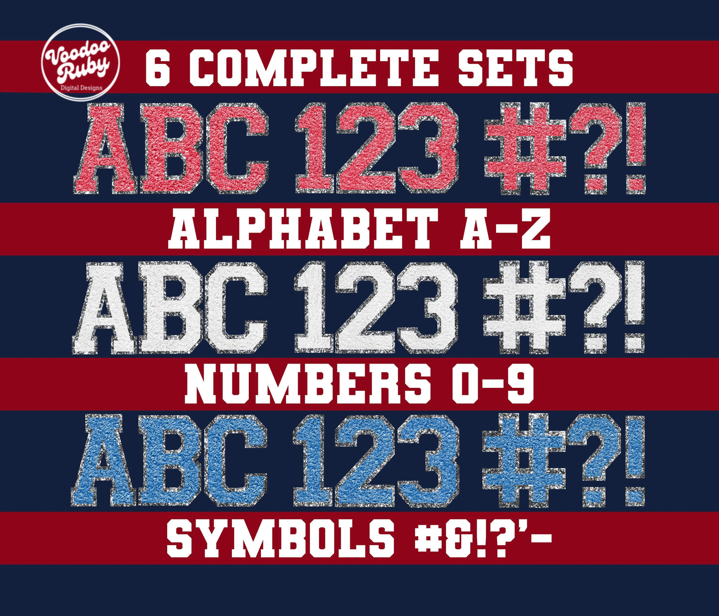 4th of July Faux Chenille Letters PNG Sublimation Bundle Chenille Letter Patches Digital Download Sports Letters PNG Alpha Pack DTF