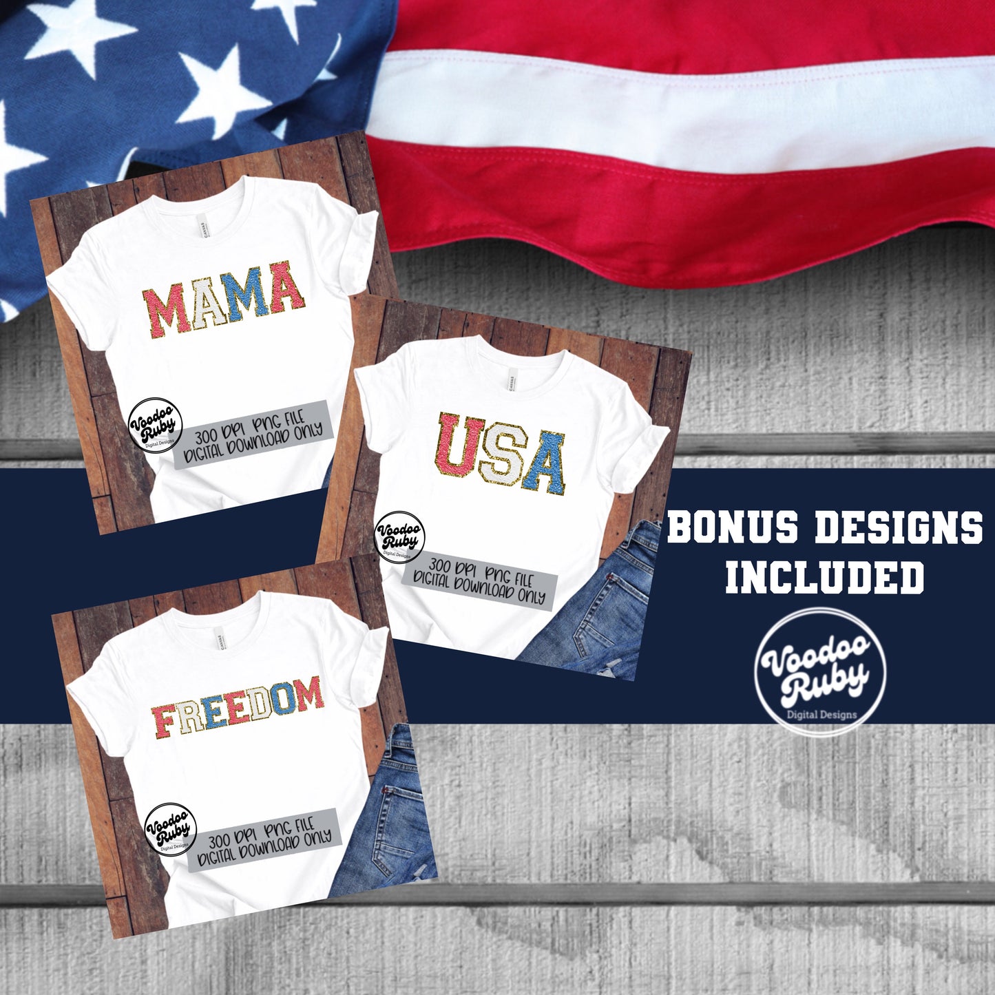 4th of July Faux Chenille Letters PNG Sublimation Bundle Chenille Letter Patches Digital Download Sports Letters PNG Alpha Pack DTF