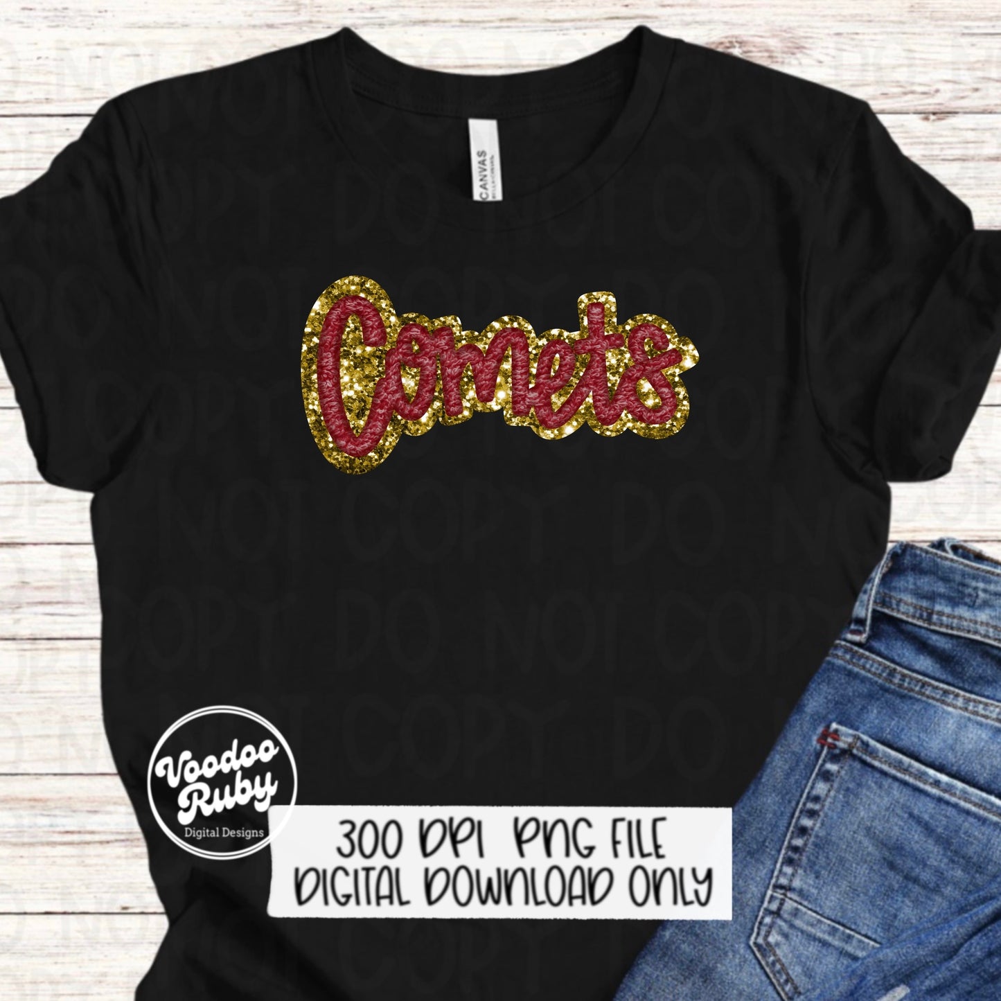 Comets PNG Design Hand Drawn Digital Download Sublimation Faux Chenille PNG Maroon and Gold Football png Comets DTF Printable