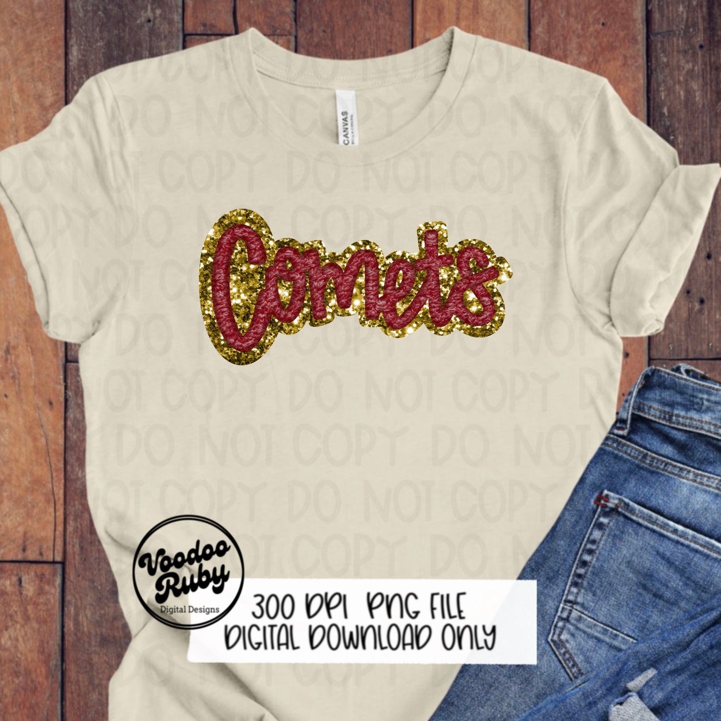 Comets PNG Design Hand Drawn Digital Download Sublimation Faux Chenille PNG Maroon and Gold Football png Comets DTF Printable