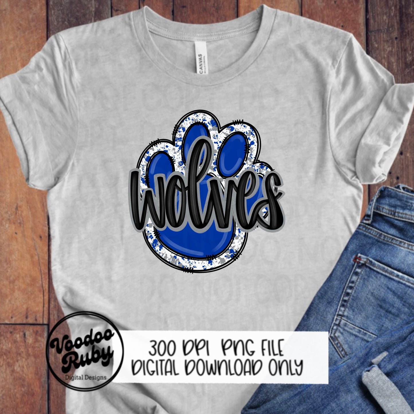 Wolves PNG Design Sublimation Hand Drawn Digital Download Football PNG Paw Print Design Blue Gray Wolves Football DTF Printable