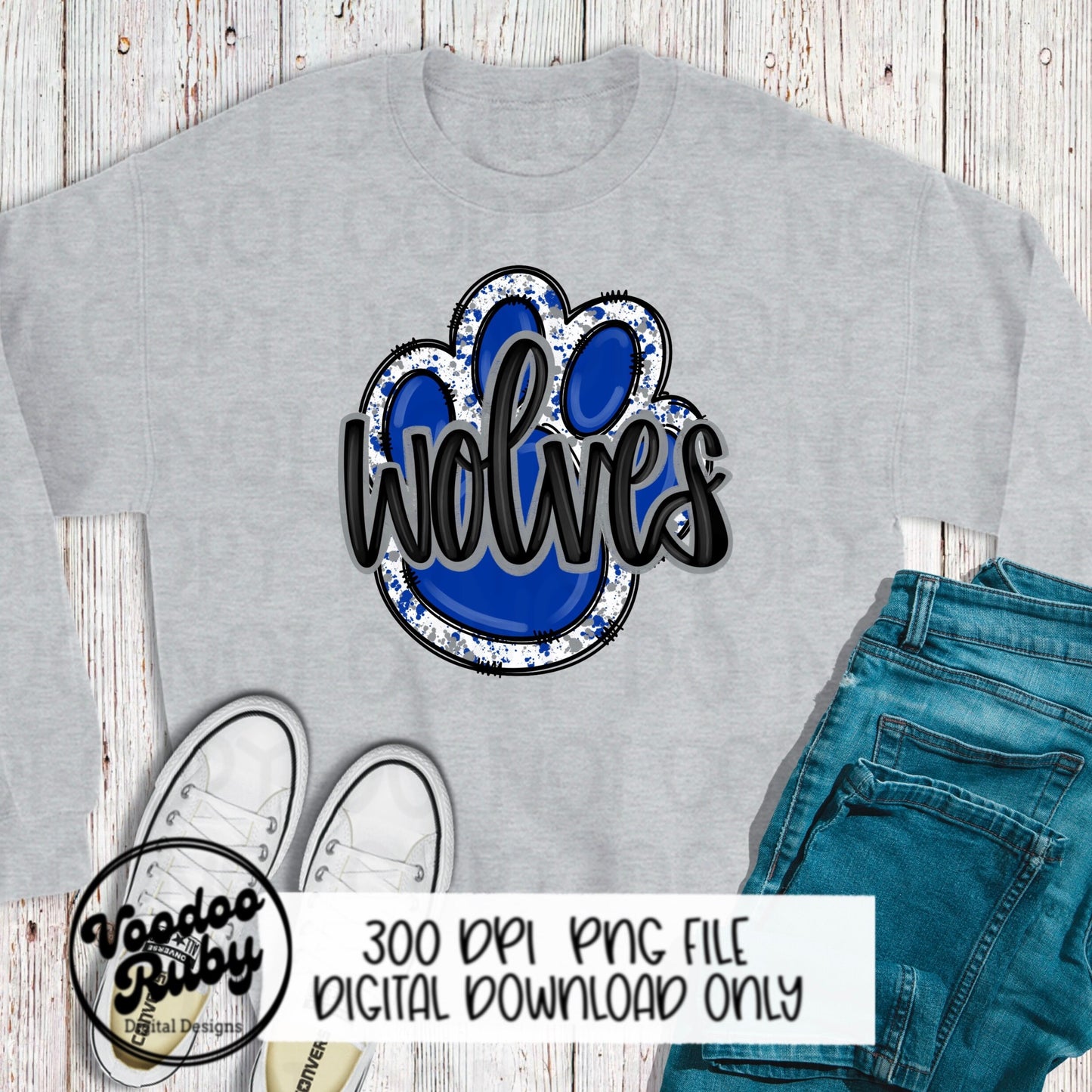 Wolves PNG Design Sublimation Hand Drawn Digital Download Football PNG Paw Print Design Blue Gray Wolves Football DTF Printable