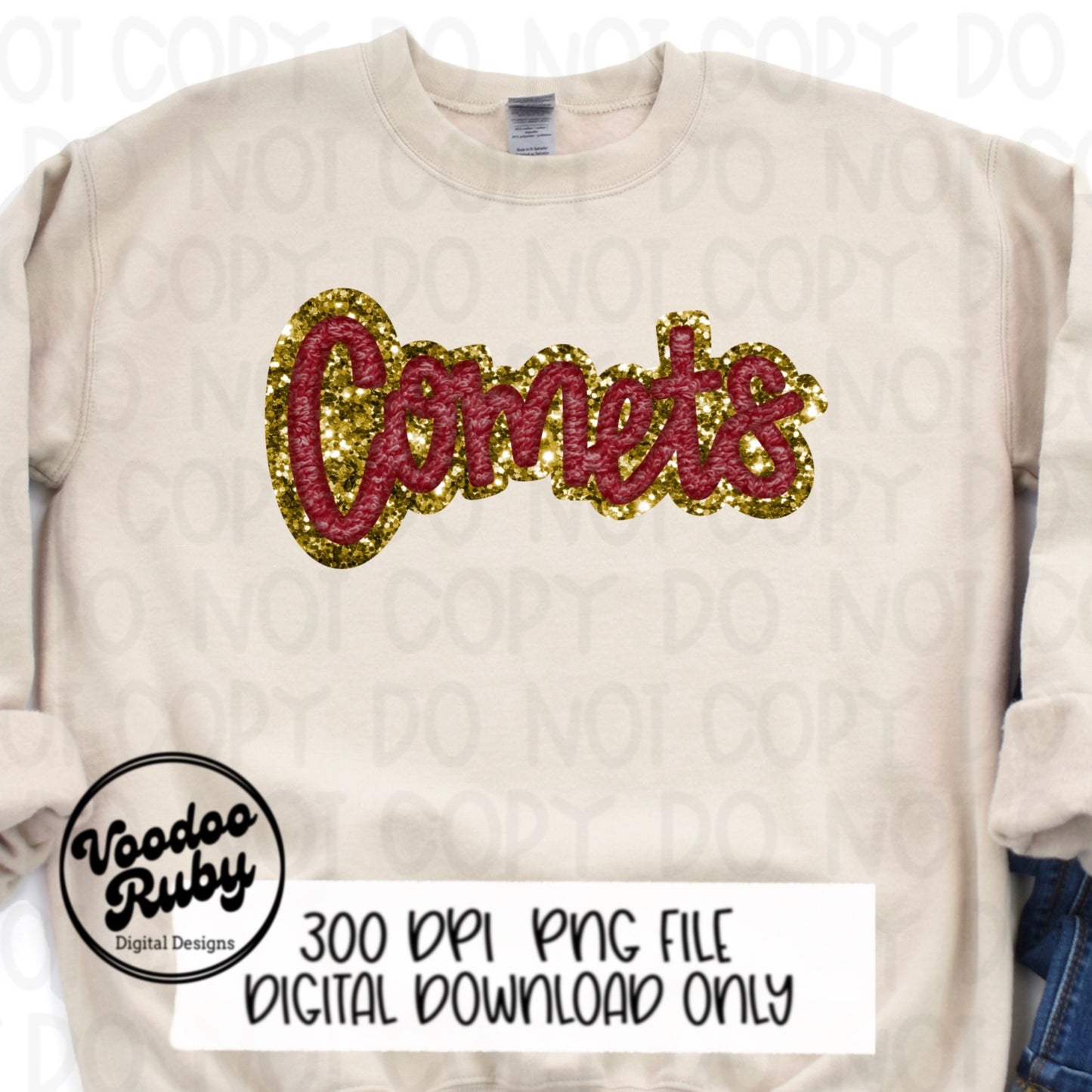 Comets PNG Design Hand Drawn Digital Download Sublimation Faux Chenille PNG Maroon and Gold Football png Comets DTF Printable