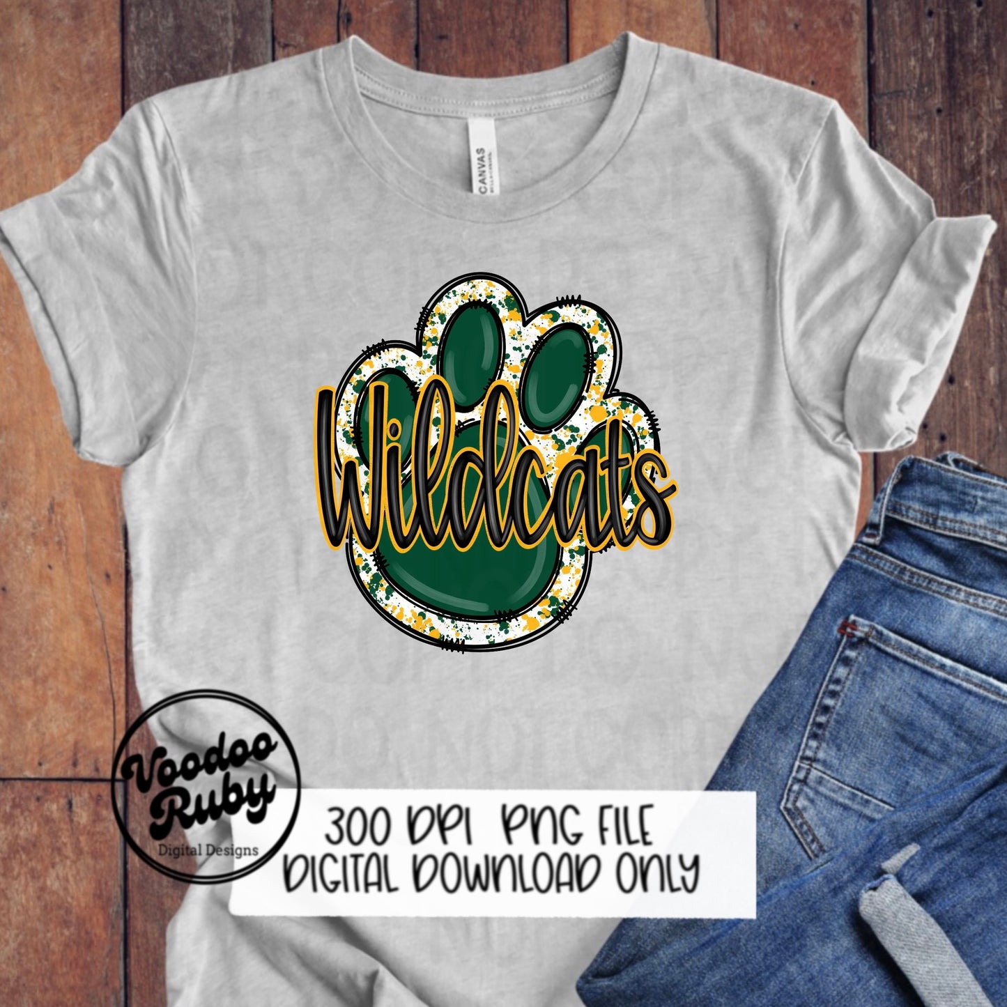 Wildcats PNG Design Sublimation Hand Drawn Digital Download Football PNG Green Gold Wildcats png Mascot DTF Printable Clip Art