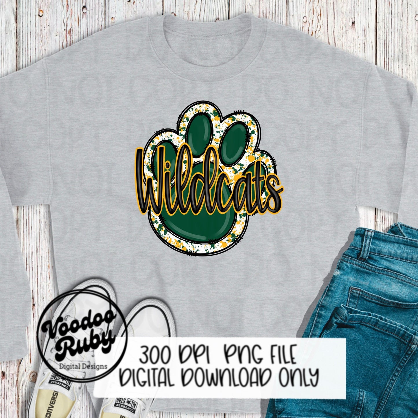 Wildcats PNG Design Sublimation Hand Drawn Digital Download Football PNG Green Gold Wildcats png Mascot DTF Printable Clip Art