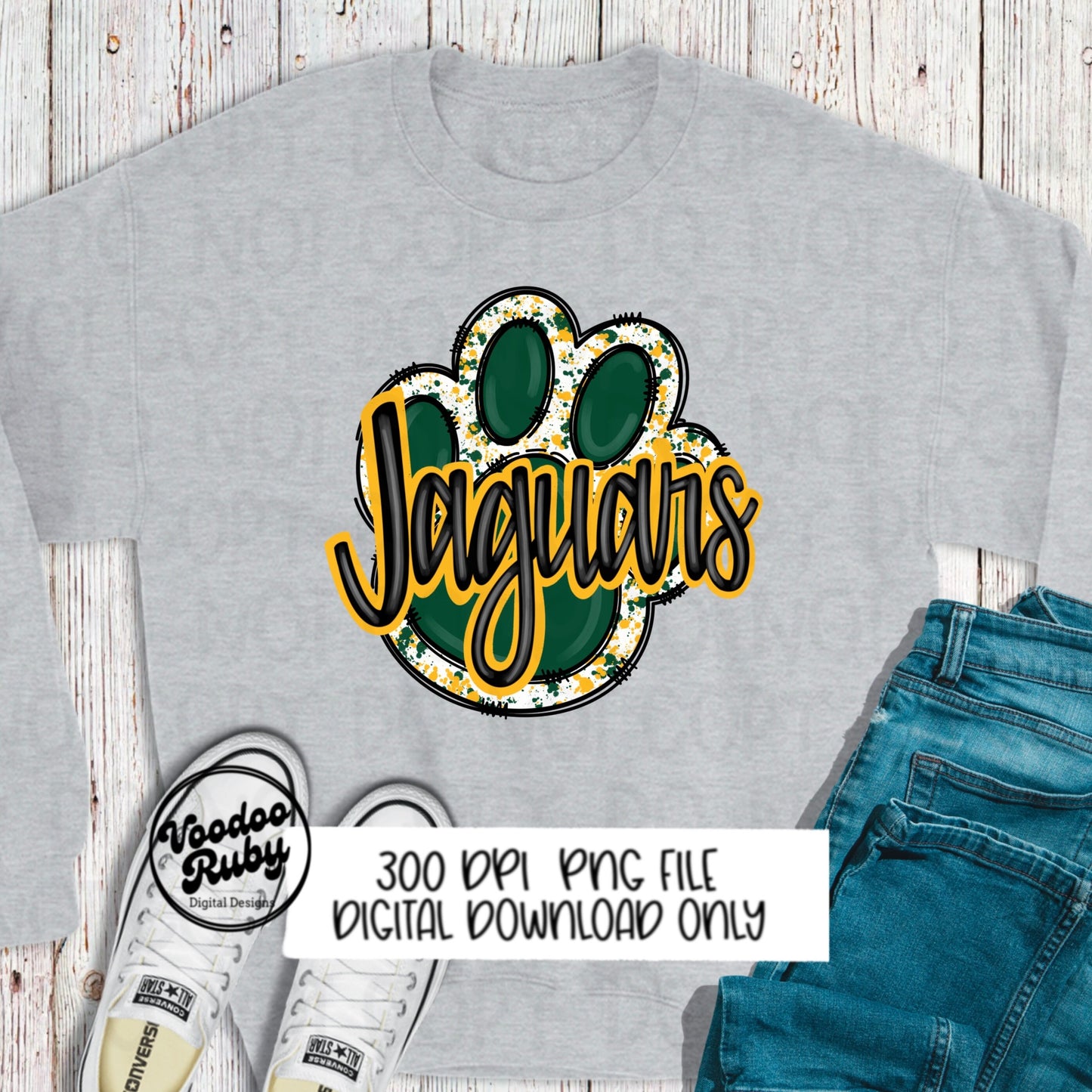 Jaguars PNG Design Hand Drawn Digital Download Football PNG Paw Print Sublimation Design Green Gold Jaguars Football DTF Printable Cheer png