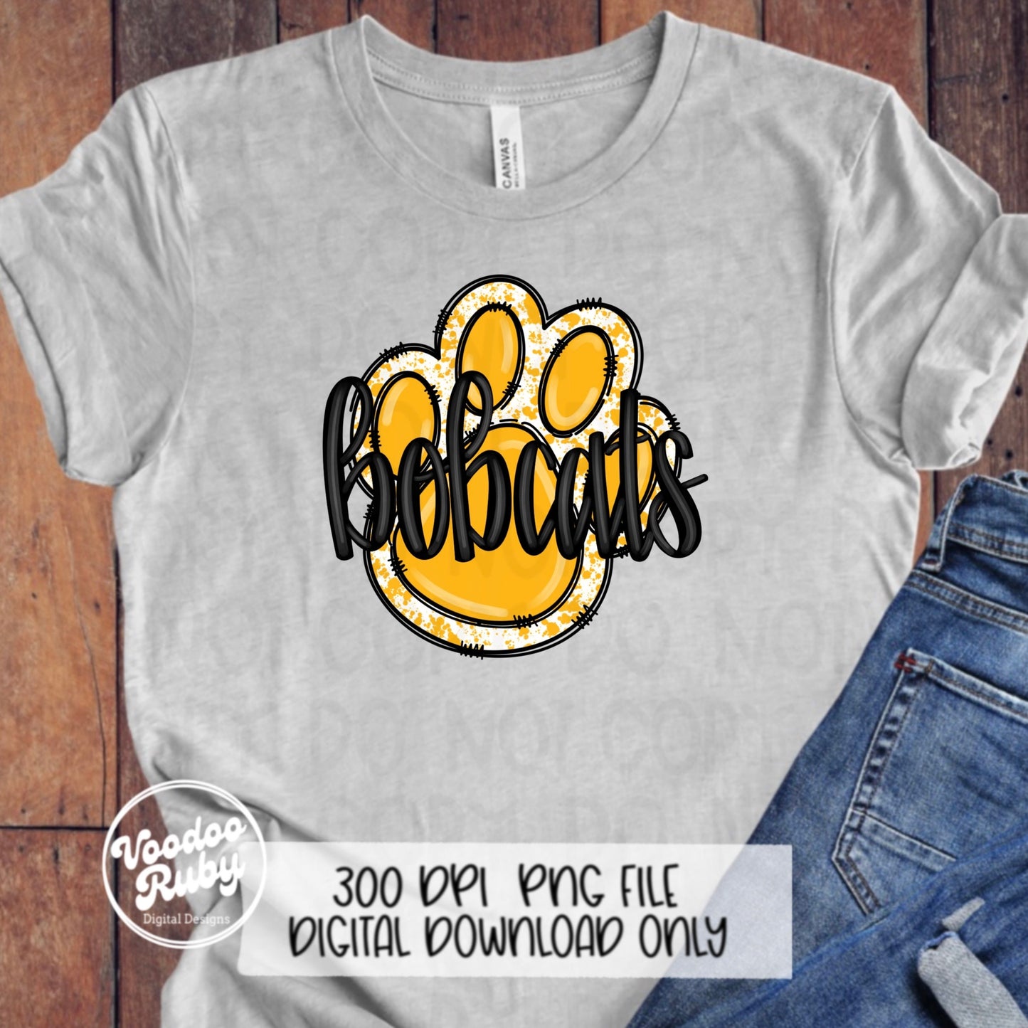 Bobcats PNG Design Sublimation Hand Drawn Digital Download Football PNG Yellow Gold Bobcats Paw Print Bobcats DTF Printable Clip Art