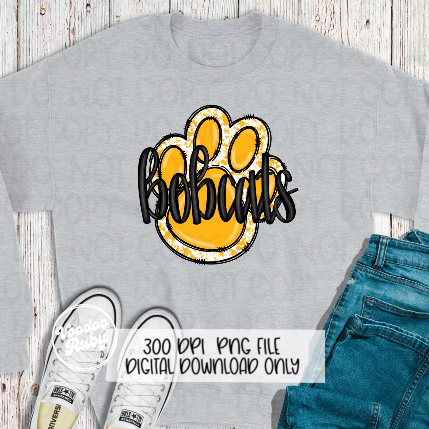 Bobcats PNG Design Sublimation Hand Drawn Digital Download Football PNG Yellow Gold Bobcats Paw Print Bobcats DTF Printable Clip Art