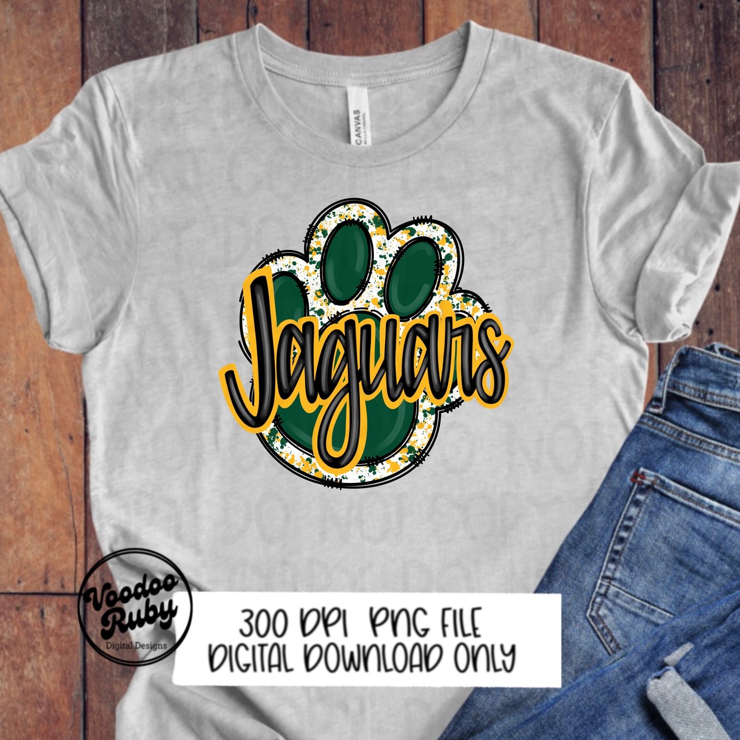 Jaguars PNG Design Hand Drawn Digital Download Football PNG Paw Print Sublimation Design Green Gold Jaguars Football DTF Printable Cheer png