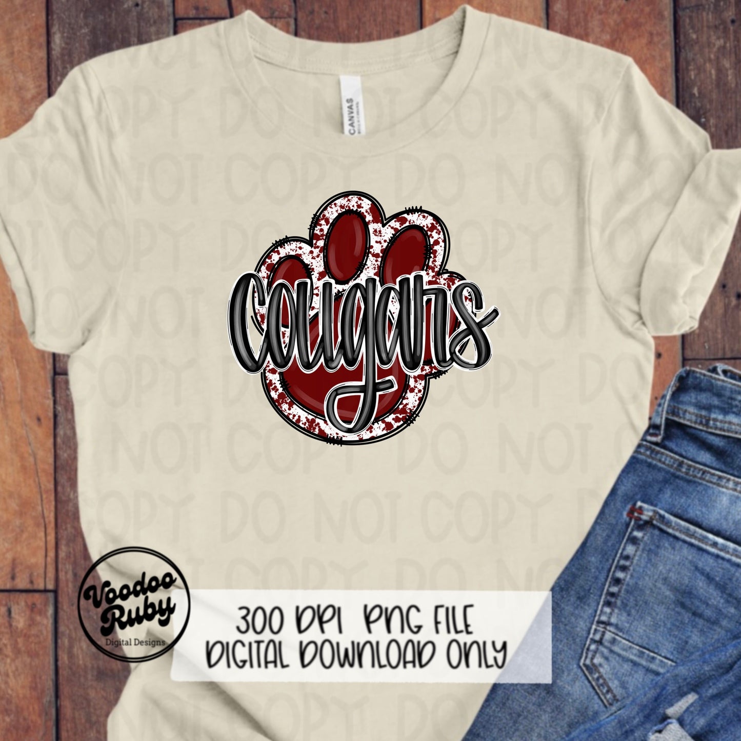 Cougars PNG Design Sublimation Hand Drawn Digital Download Football PNG Paw Print Maroon White Cougars Mascot DTF Printable
