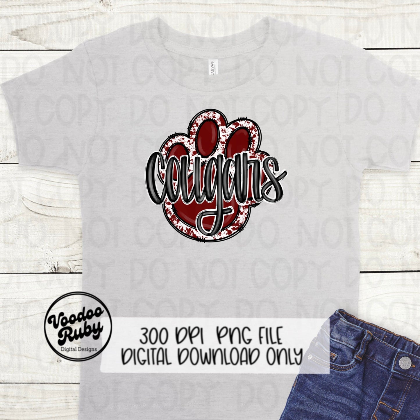 Cougars PNG Design Sublimation Hand Drawn Digital Download Football PNG Paw Print Maroon White Cougars Mascot DTF Printable