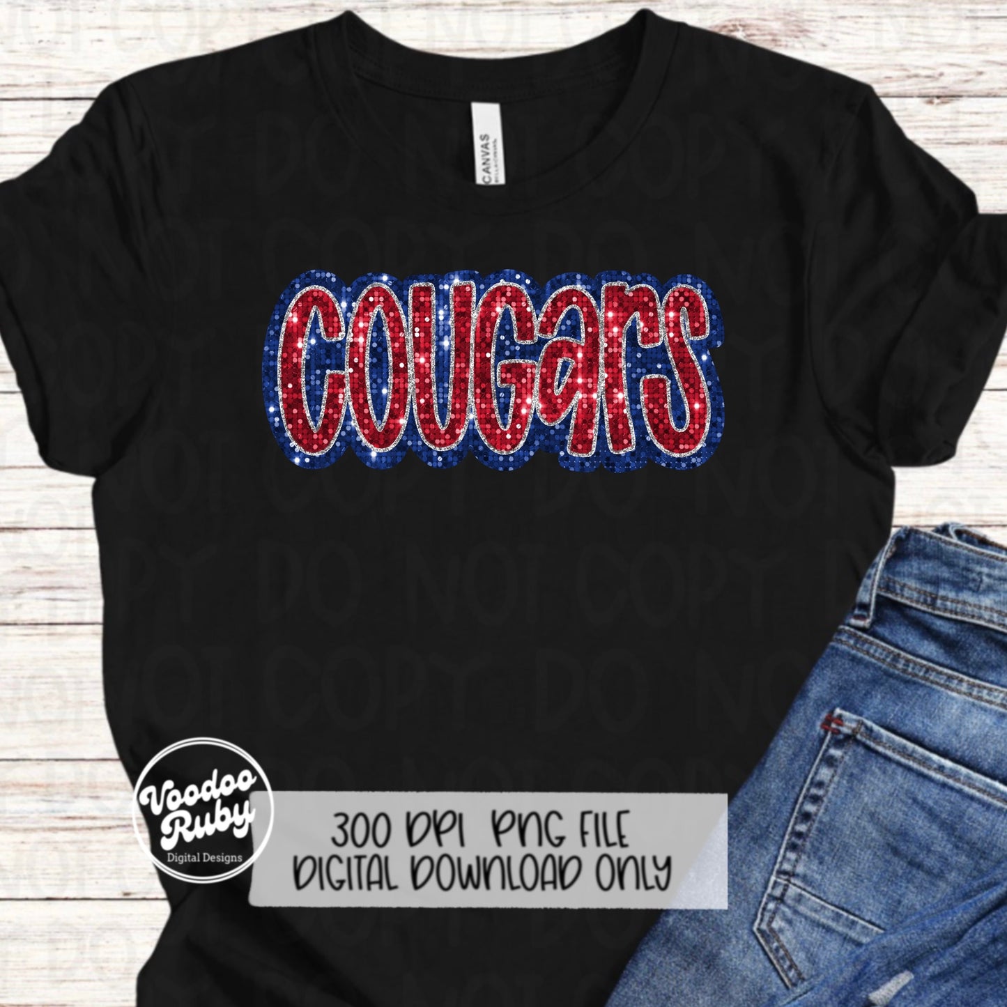 Cougars PNG Design Sequins Glitter Hand Drawn Digital Download Faux Sequins Patch PNG Printable Faux Appliqué Cougars Football DTF