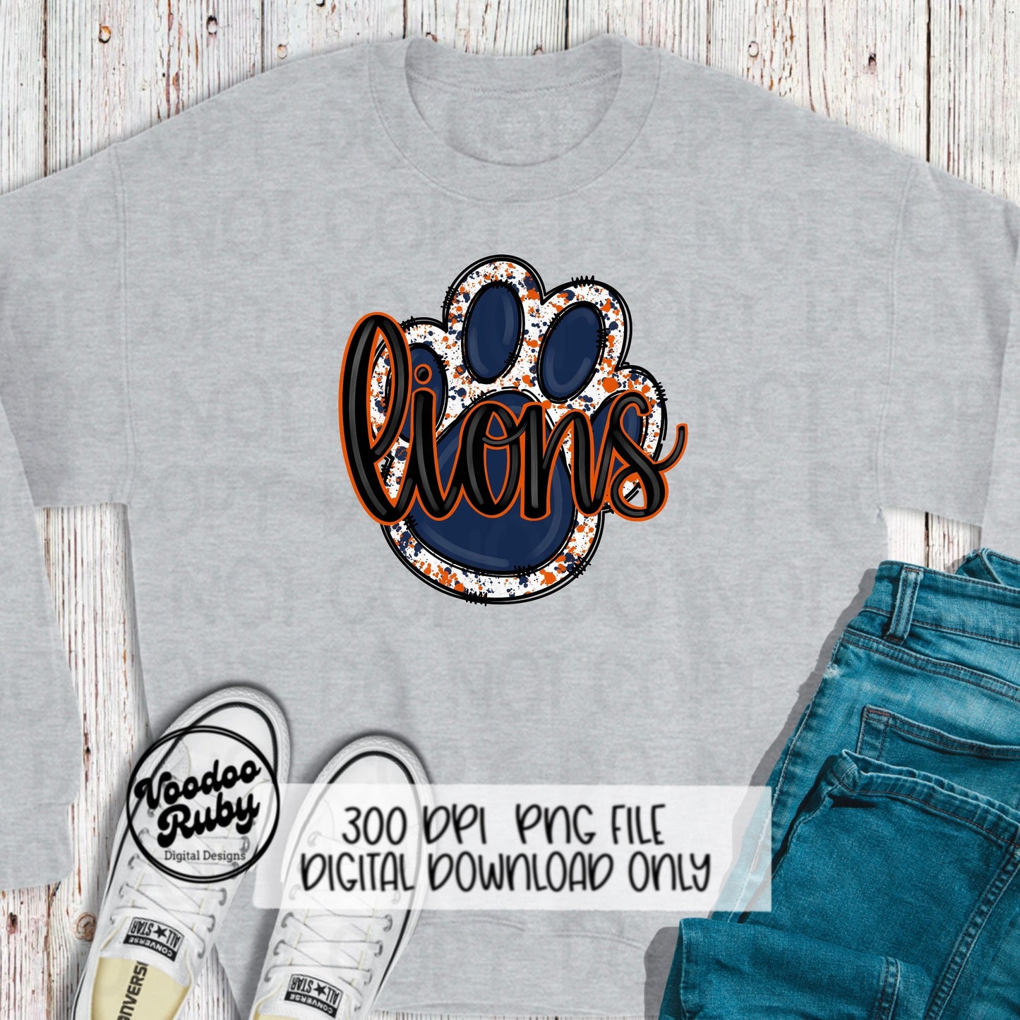 Lions PNG Design Hand Drawn Digital Download Lions Football PNG Blue Orange Lions Paw Print Sublimation Design Lions DTF Printable