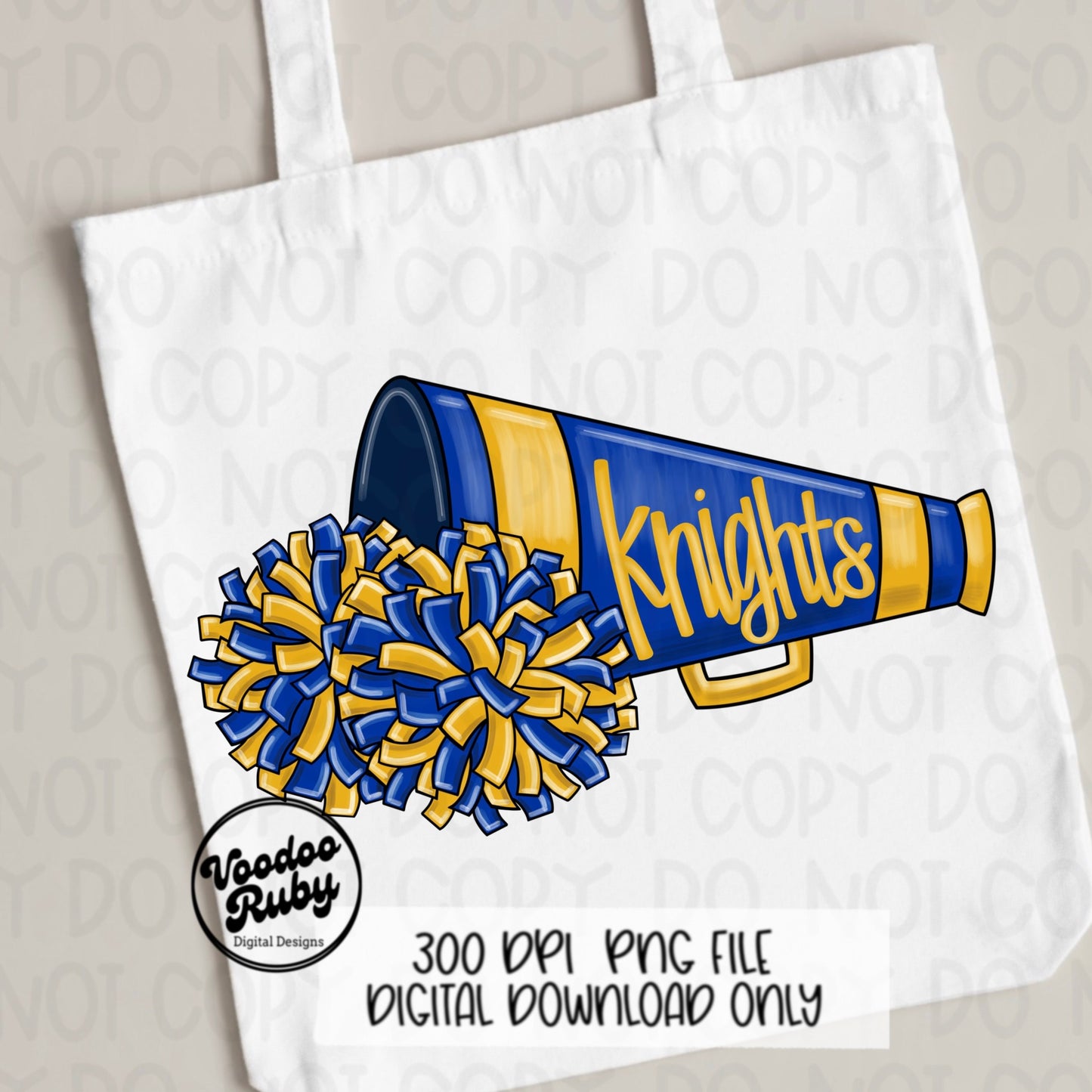 Knights Cheer PNG Sublimation Design Hand Drawn Digital Download Football PNG Blue Gold Knights png Cheerleader Clip Art Megaphone DTF