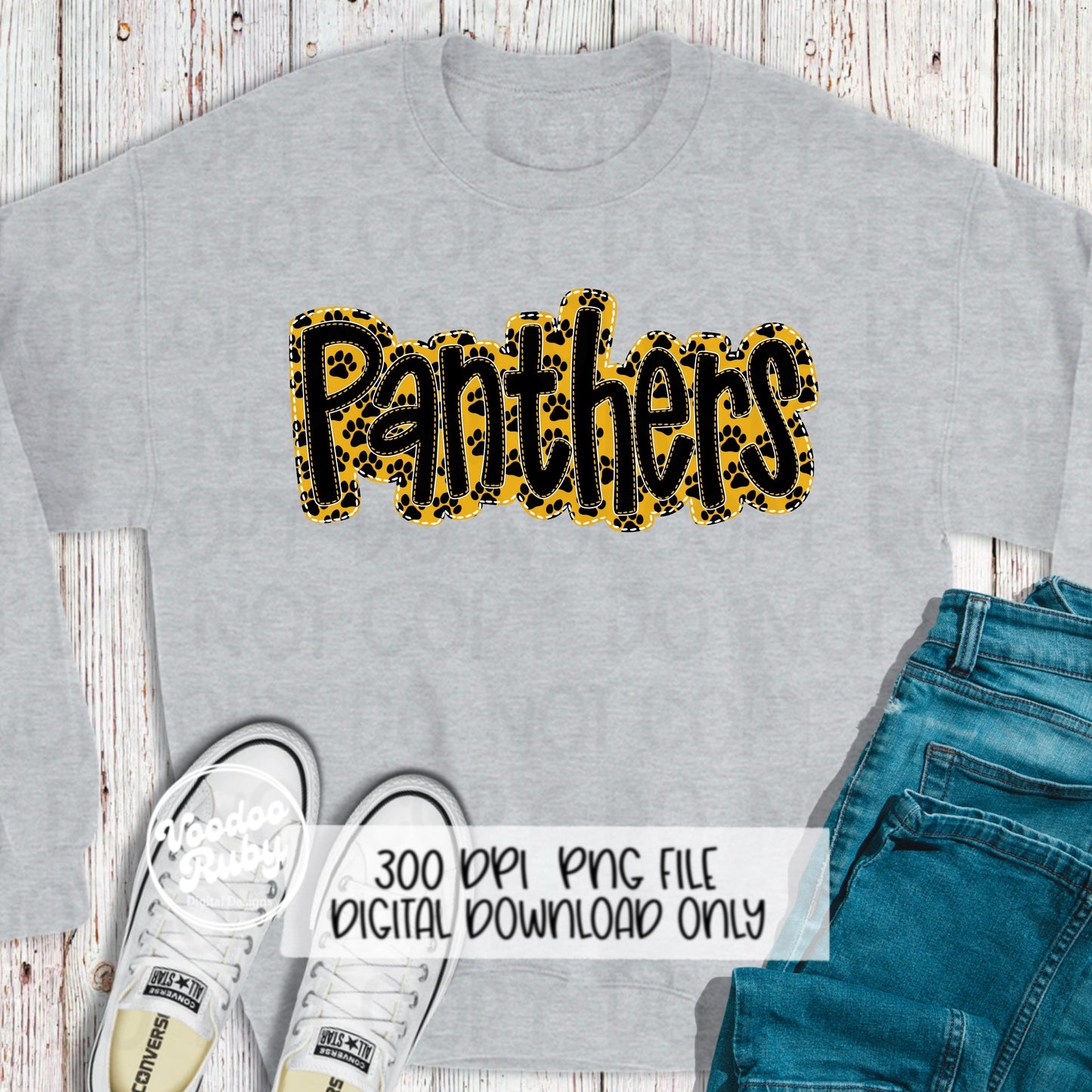 Panthers PNG Design Sublimation Embroidery Faux Applique Hand Drawn Digital Download Black Yellow Panthers DTF Printable Mascot Football