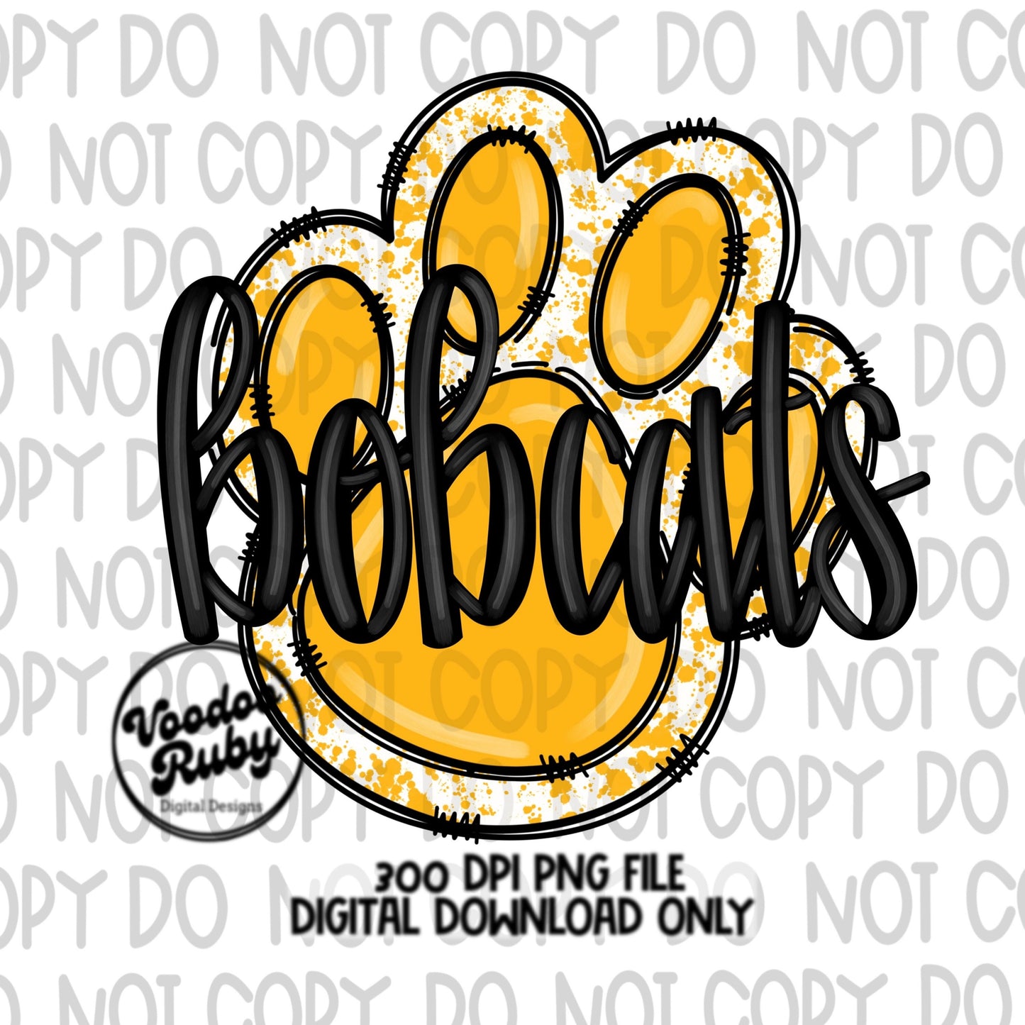 Bobcats PNG Design Sublimation Hand Drawn Digital Download Football PNG Yellow Gold Bobcats Paw Print Bobcats DTF Printable Clip Art