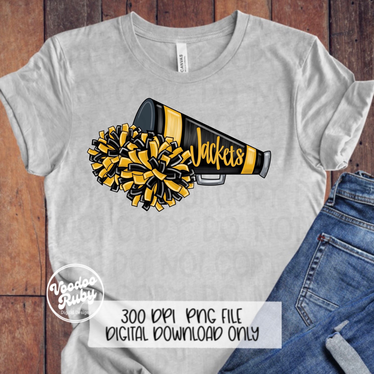 Jackets Cheer PNG Design Sublimation Hand Drawn Digital Download Football PNG Black Gold Jackets png Cheerleader Clip Art Megaphone DTF