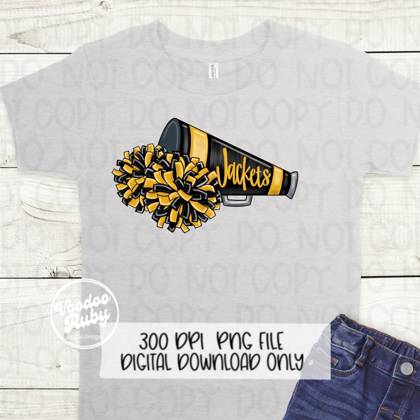 Jackets Cheer PNG Design Sublimation Hand Drawn Digital Download Football PNG Black Gold Jackets png Cheerleader Clip Art Megaphone DTF