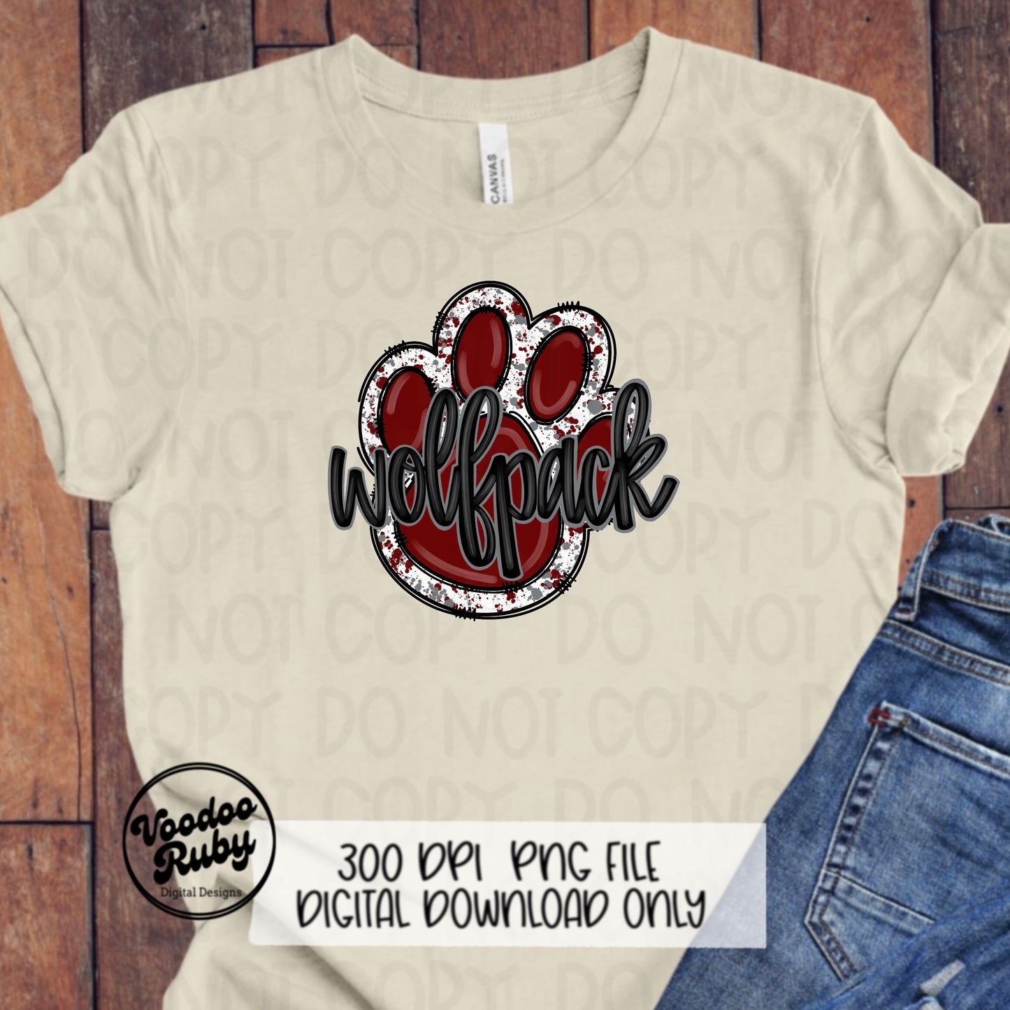 Wolfpack PNG Design Hand Drawn Digital Download Football PNG Paw Print Sublimation Design Maroon Wolfpack Football DTF Printable