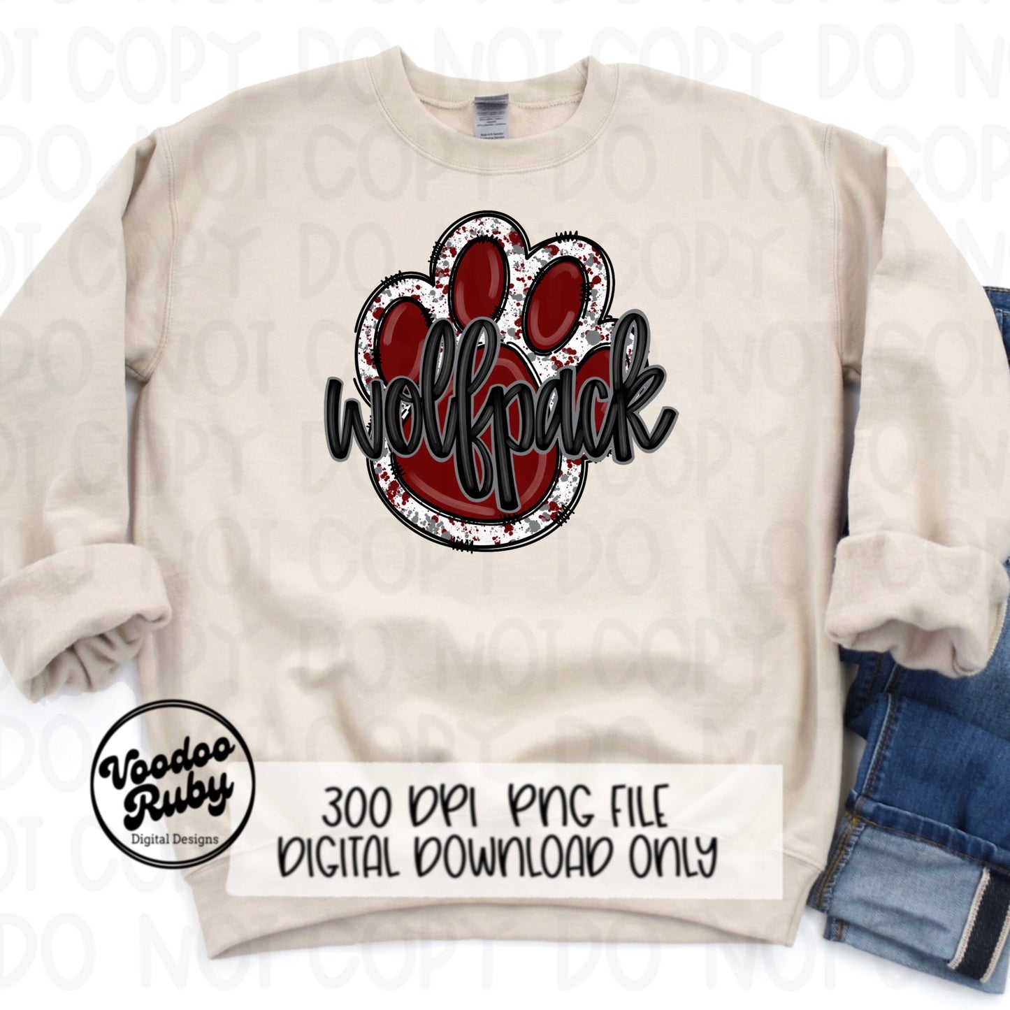 Wolfpack PNG Design Hand Drawn Digital Download Football PNG Paw Print Sublimation Design Maroon Wolfpack Football DTF Printable