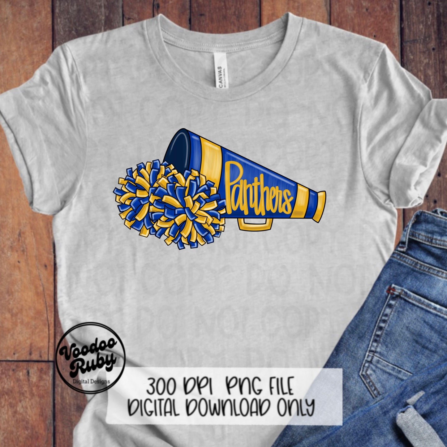 Panthers Cheer PNG Design Sublimation Hand Drawn Digital Download Football PNG Blue Gold Panthers Cheerleader Megaphone DTF Printable