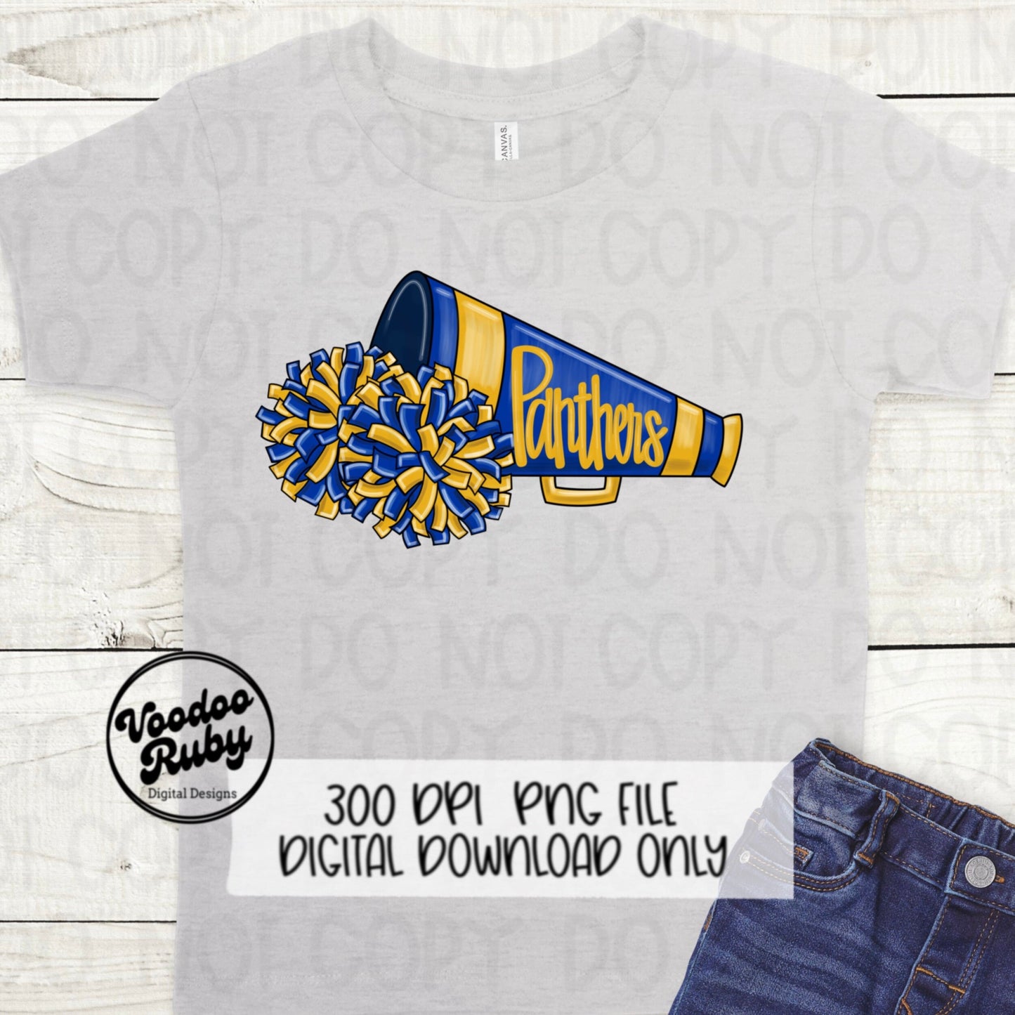 Panthers Cheer PNG Design Sublimation Hand Drawn Digital Download Football PNG Blue Gold Panthers Cheerleader Megaphone DTF Printable